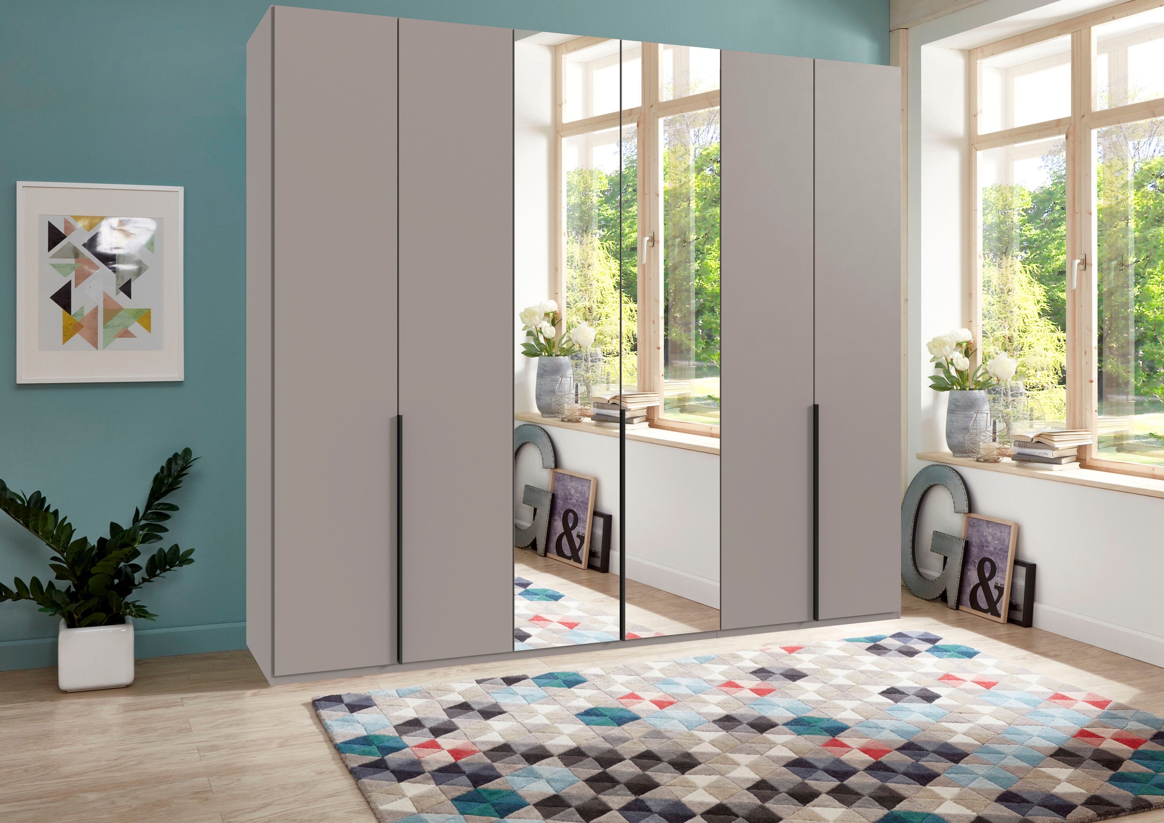 Wimex Kleiderschrank »Mugano, in 5 Breiten und 2 Höhen, Made in Germany«, (in Basic oder Premium Ausstattung mit 2 weiteren Einlegeböden), mit langen Griffstangen aus Metall, wahlweise mit oder ohne Spiegel