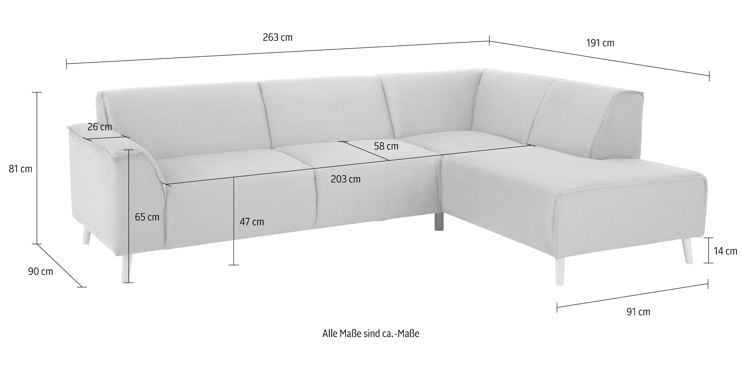 Home affaire Ecksofa »Julia L-Form«, Federkern-Polsterung, Holzfüsse, Keder