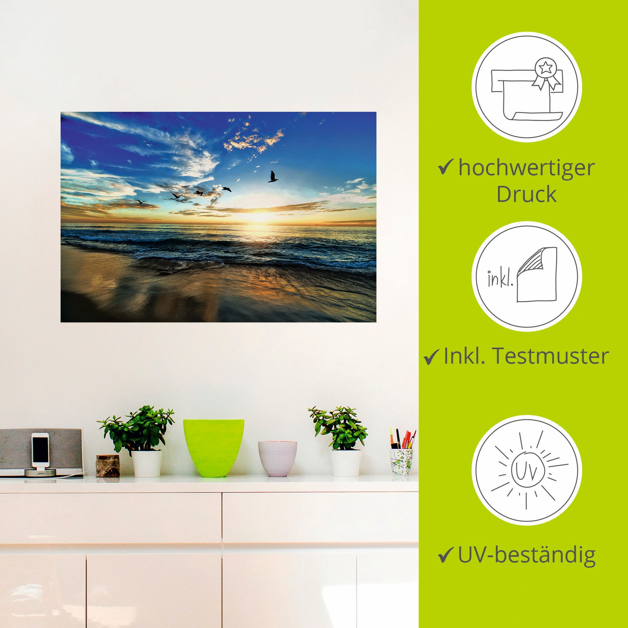 Artland Wandbild »Strand Möwen Meer Sonnenuntergang«, Sonnenaufgang & -untergang, (1 St.), als Alubild, Outdoorbild, Leinwandbild, Poster, Wandaufkleber
