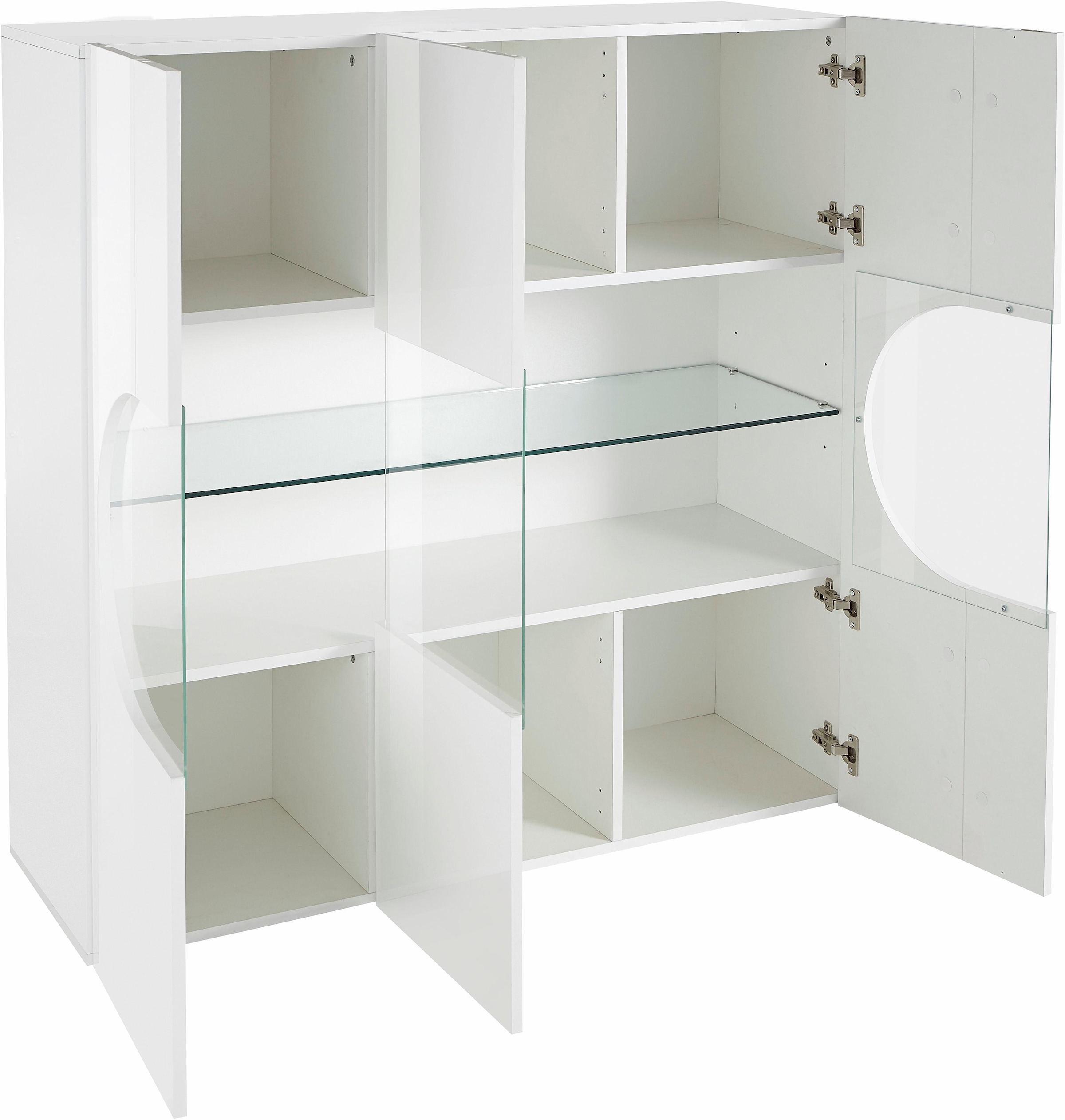 INOSIGN Highboard »Real,Highboard,Kommode,Schrank mit 3 Türen,komplett hochglanz lackiert«, mit 3 Türen, davon 2 aus Glas, mit einer grossen Glasablage im Inneren