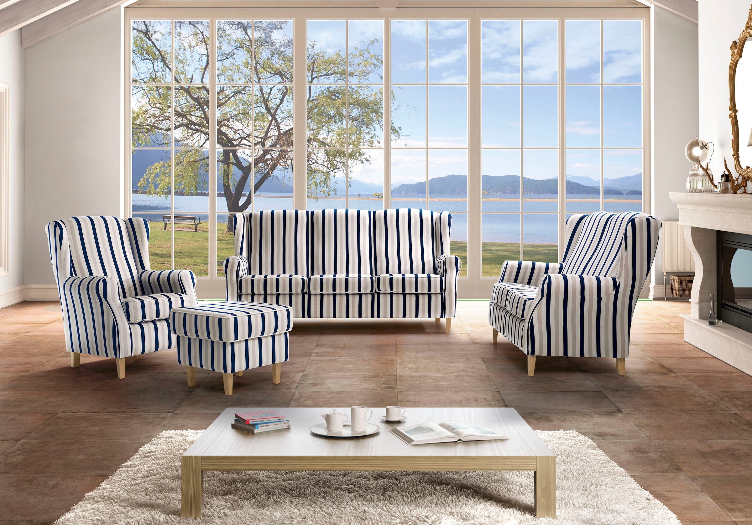 Max Winzer® Ohrensessel »Luke, Hochlehnsessel bequem mit komfortablem Federkern«, Retro und modern, Streifendesign, Buchenfuss