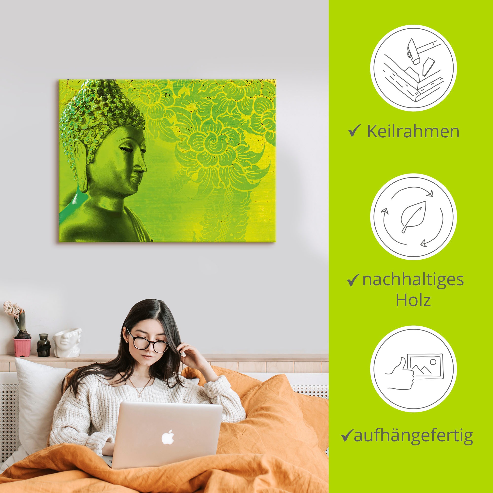 Artland Leinwandbild »Buddha Goldstatue - grün«, Religion, (1 St.), auf Keilrahmen gespannt