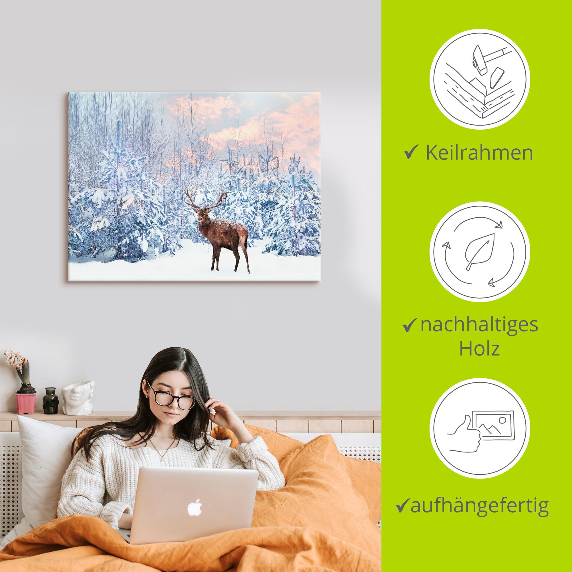 Artland Wandbild »Hirsch im Winterwald«, Hirschbilder, (1 St.), als Leinwandbild, Poster in verschied. Grössen