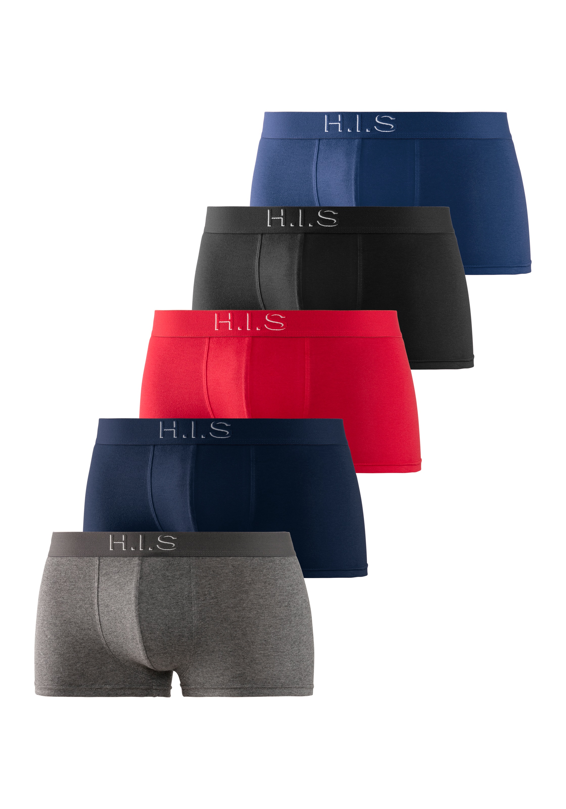 H.I.S Boxershorts, (Packung, 5 St.), in Hipster-Form am Webbund mit Logoschriftzug mit 3D Effekt