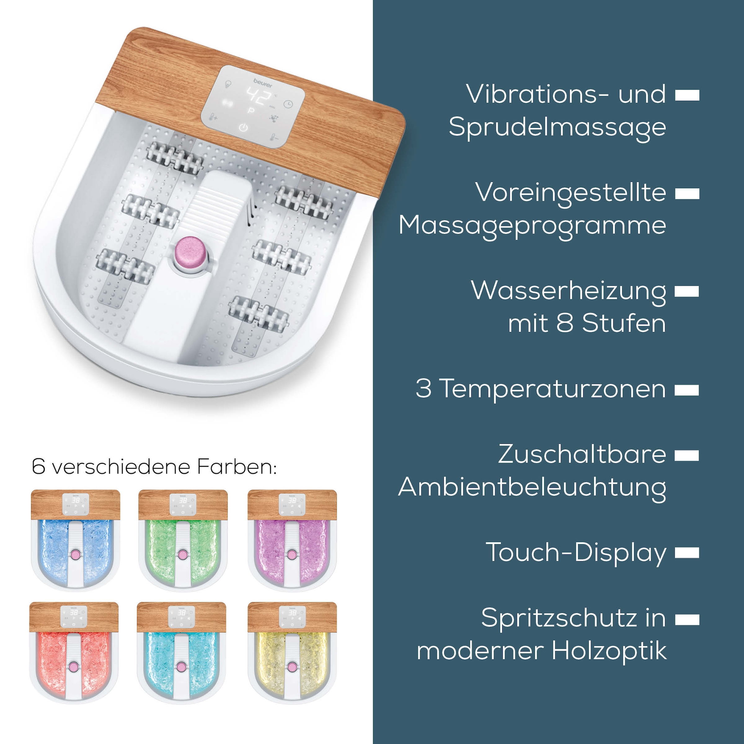 BEURER Fussbad »FB 65 mit Wasserheizung von 34 - 48°C, inkl. 3 Massageaufsätze«, Zuschaltbare Ambientebeleuchtung mit 6 Lichteffekten