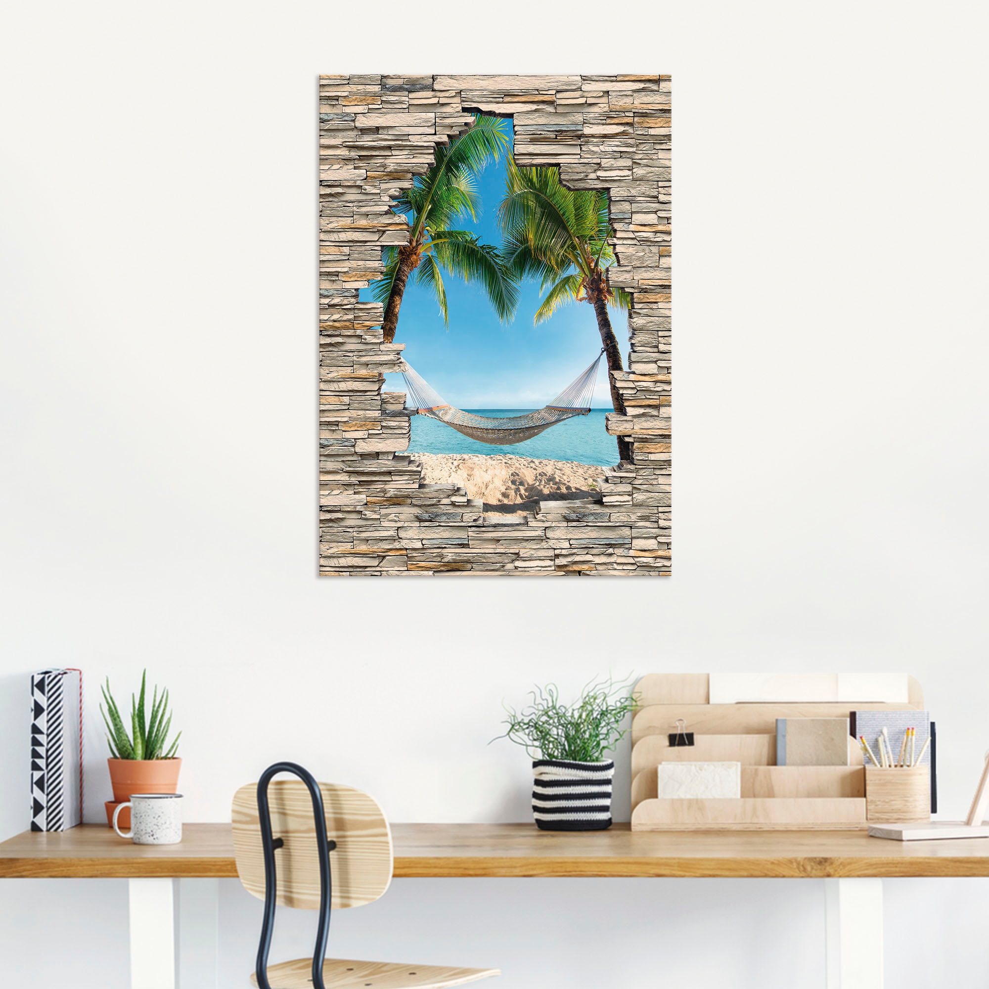 Artland Wandbild »Palmenstrand Karibik Hängematte Stein«, Karibikbilder, (1 St.), als Alubild, Outdoorbild, Poster in verschied. Grössen