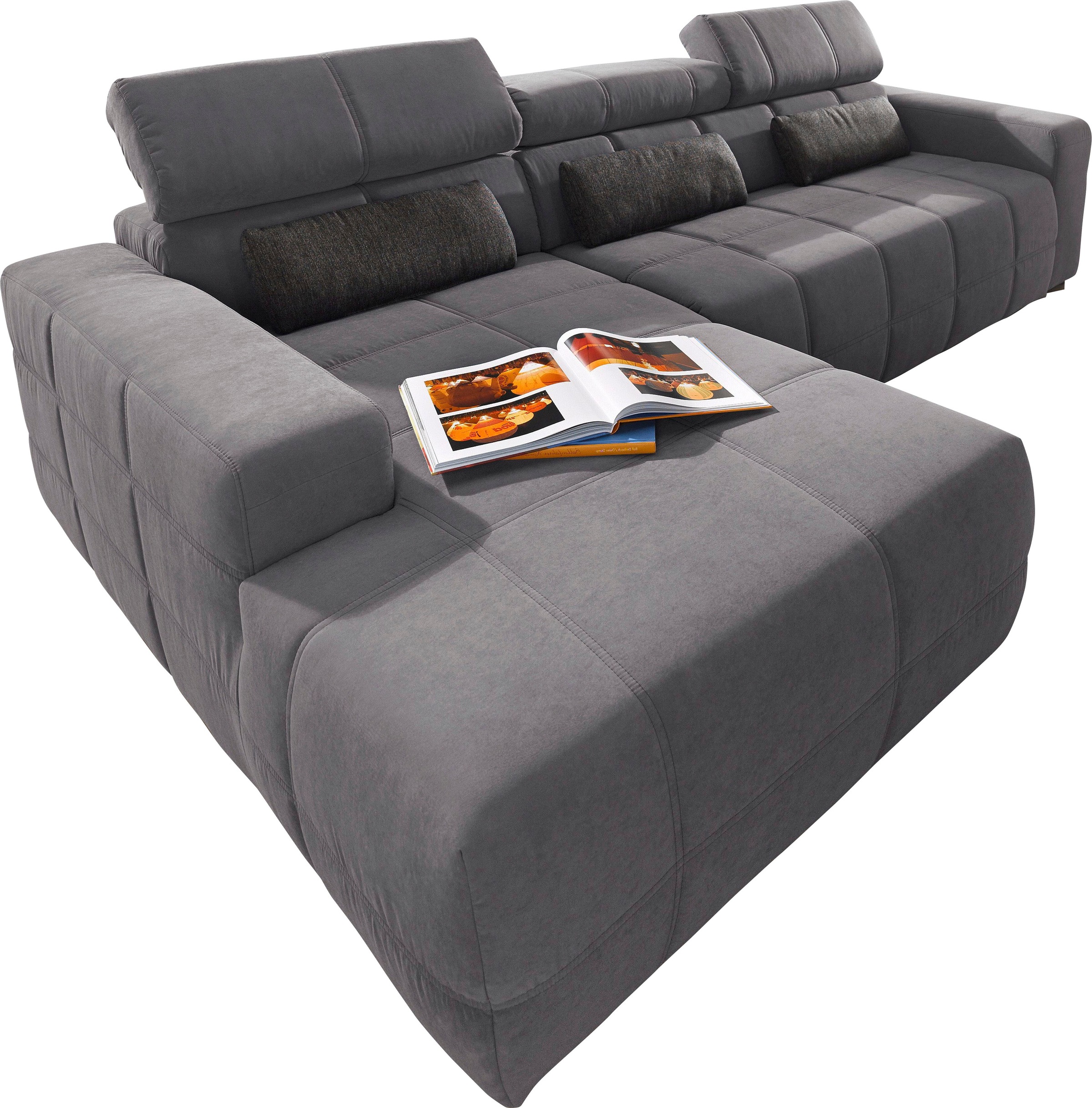 DOMO collection Ecksofa "BRANDON 289x177x80 cm, whlw. mit Sitztiefenverstellung, L-Form" ohne Sitztiefenverstellung, Luxus-Microfaser, dunkelgrau