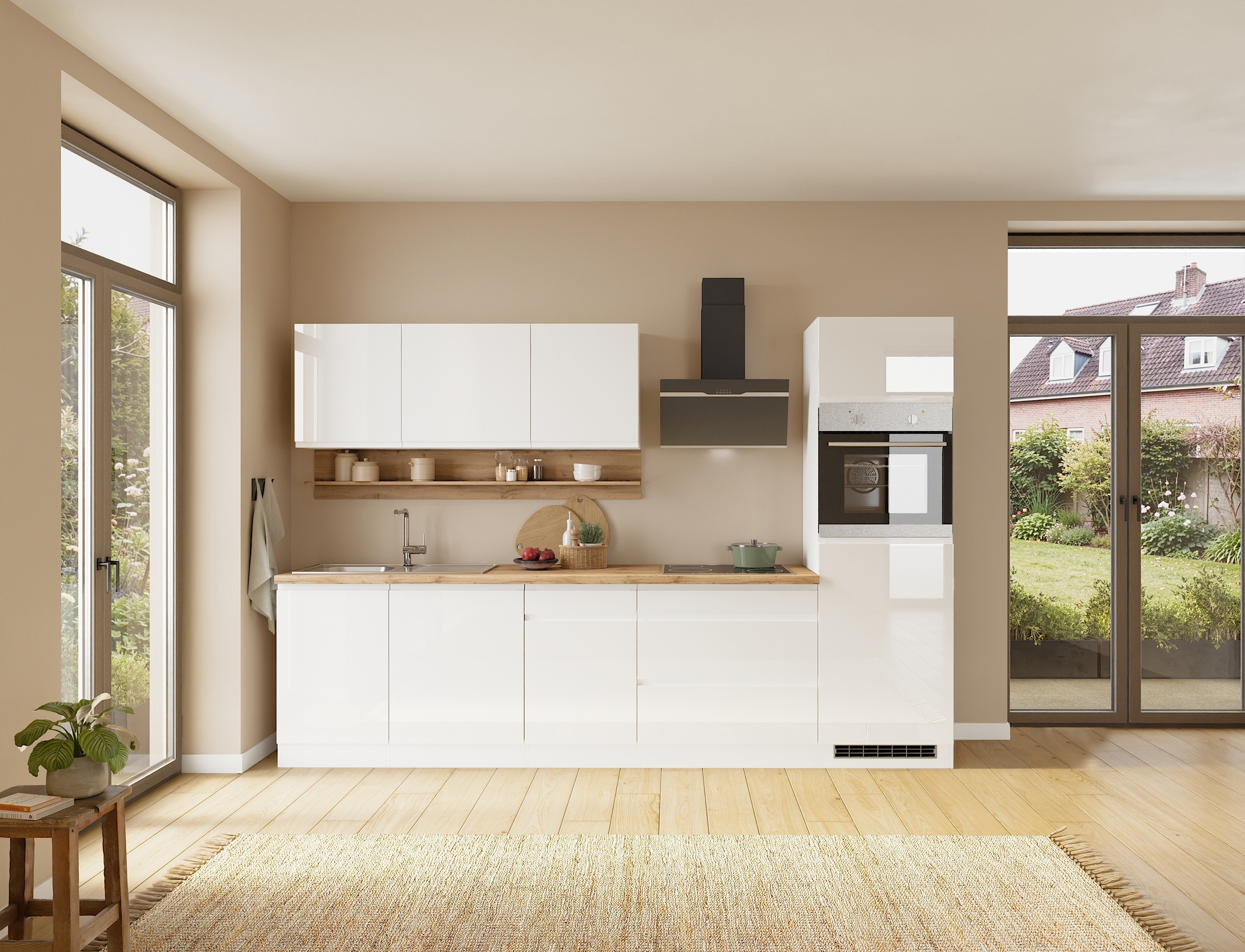 KOCHSTATION Küchenzeile "KS-Virginia,neu in verbesserter Ausführung" Arbeitsplatte 38 mm stark, Stauraum, Softclose, Breite 300 cm, Soft-Close, wahlweise mit E-Geräten
