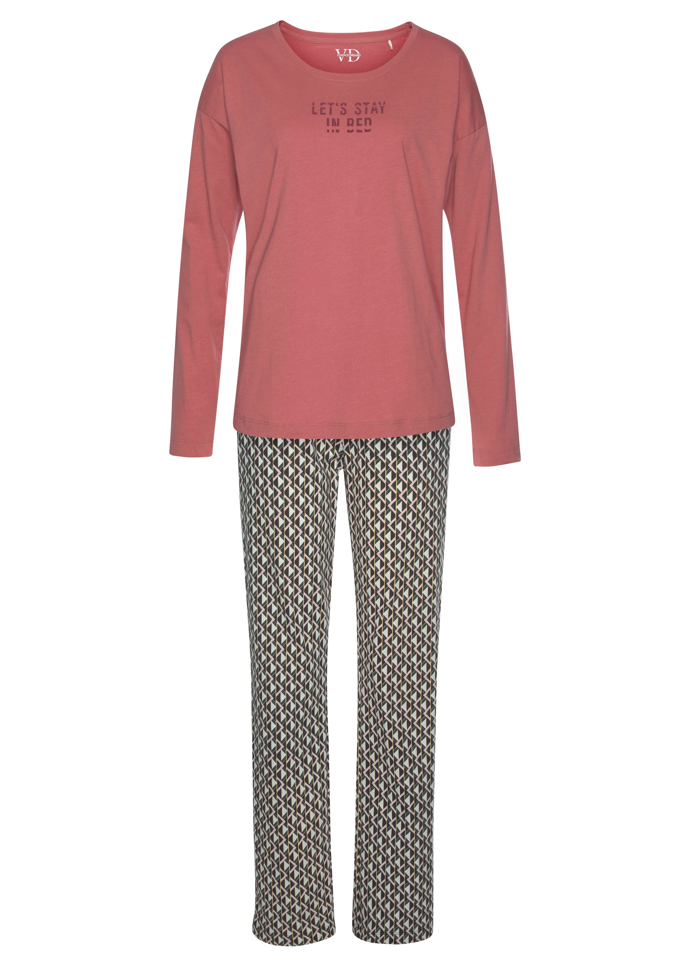 Vivance Dreams by Lascana Pyjama Set, 2 tlg. mit Schriftprint und gemusterter Hose