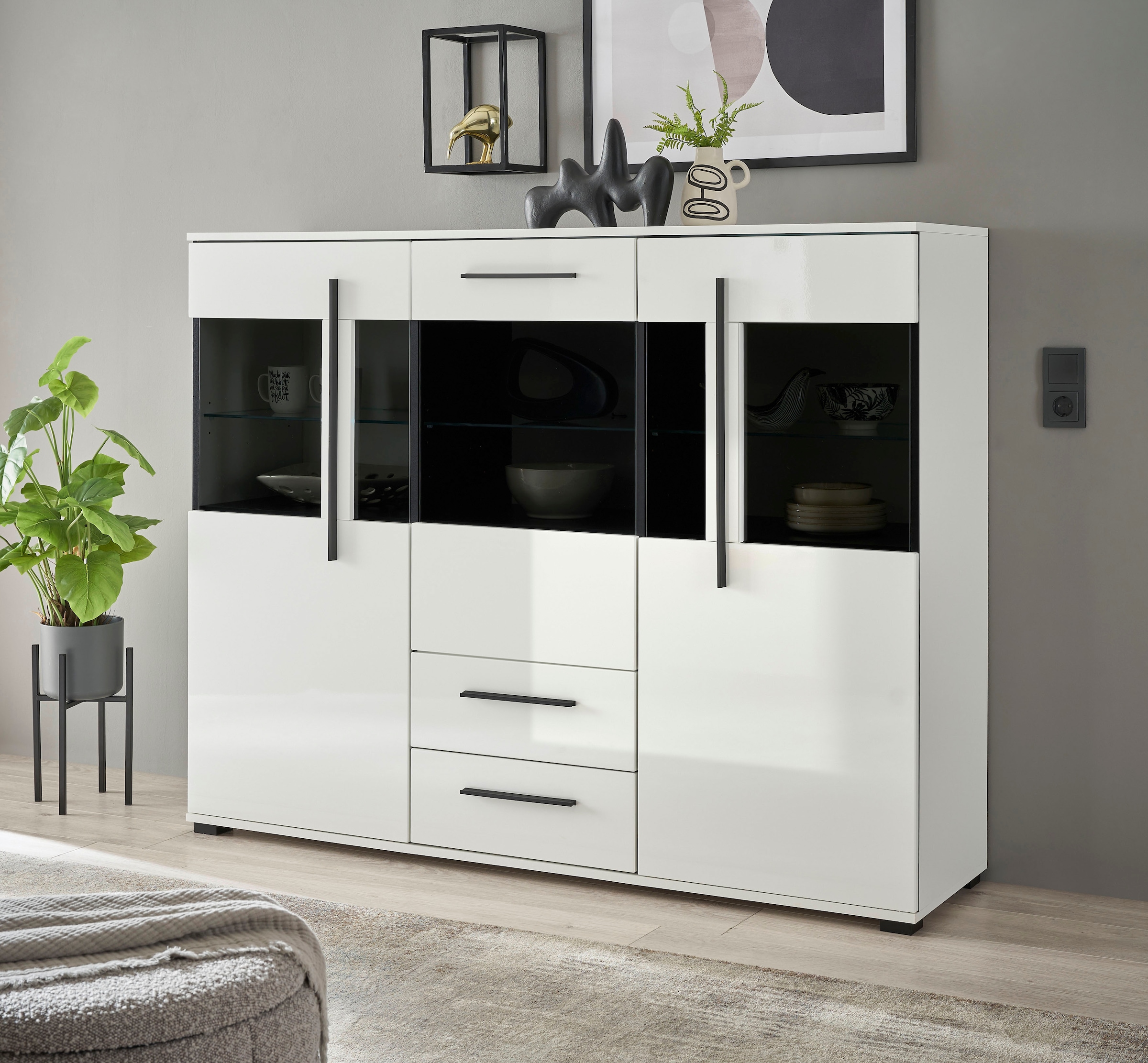 INOSIGN Highboard »Cantara, moderner Schrank, Vitrine in Eiche Dekor oder weiss«, schwarze Stangengriffe, ausreichend Stauraum, vielseitig einsetzbar
