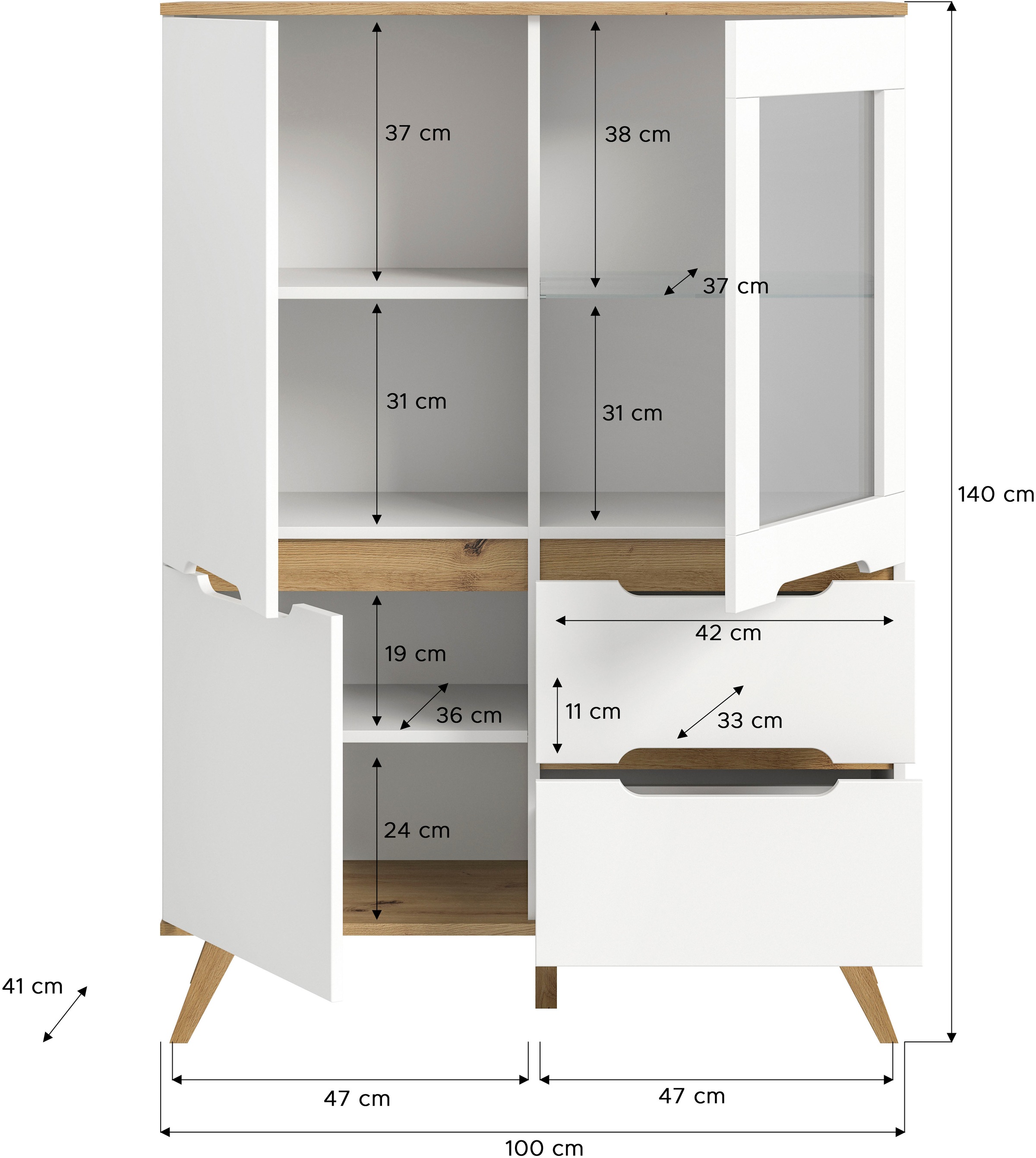Home affaire Highboard »Alesund, Höhe 140cm, 2 Türen, 1 Schubkasten,konischer Fuss, Scandi-Look«, Anrichte, Schrank, Kommode, Midischrank, Wohnmöbel, Wohnzimmer