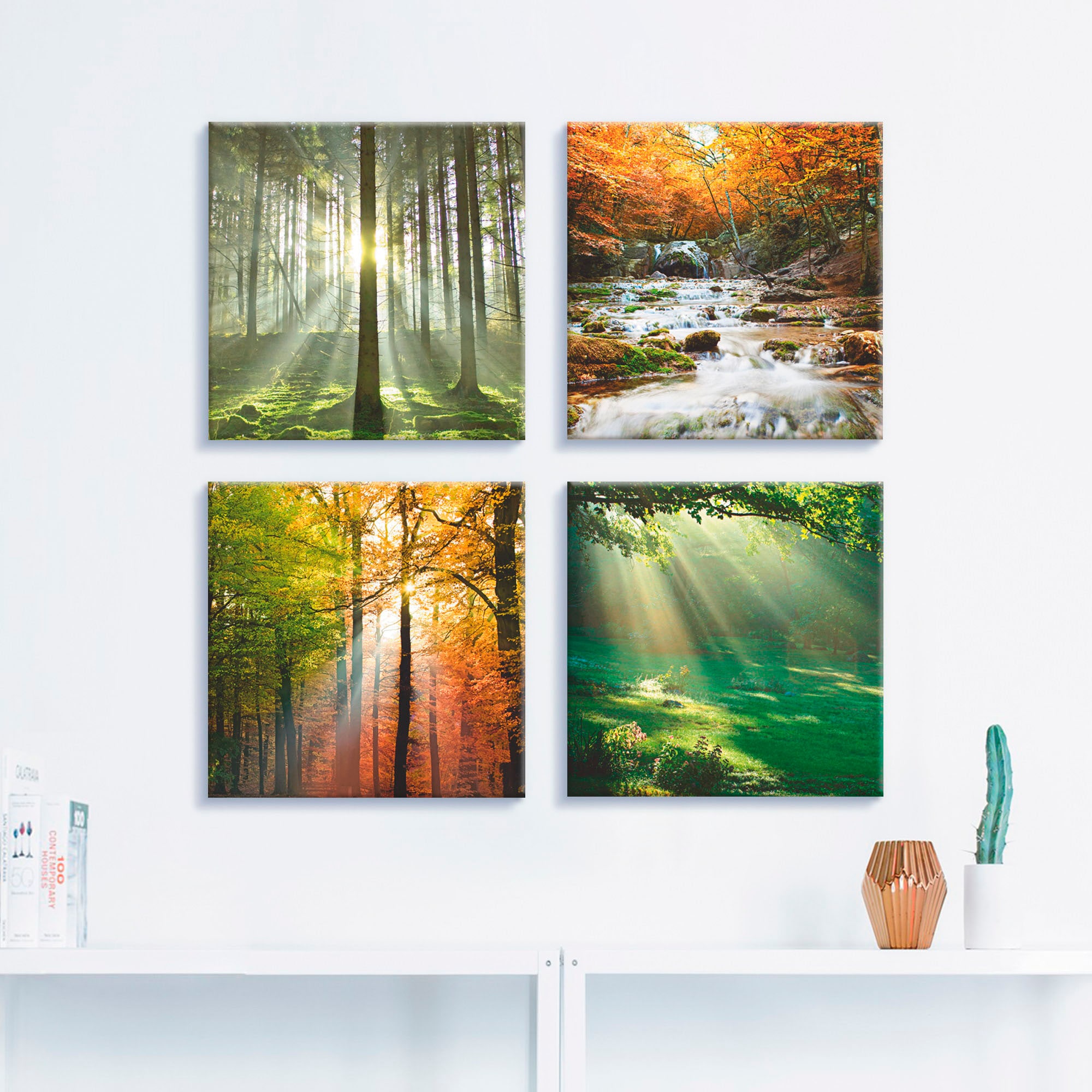 Artland Leinwandbild »Wald Wasserfall Herbsttag«, Wald, (4 St.), 4er Set, verschiedene Grössen