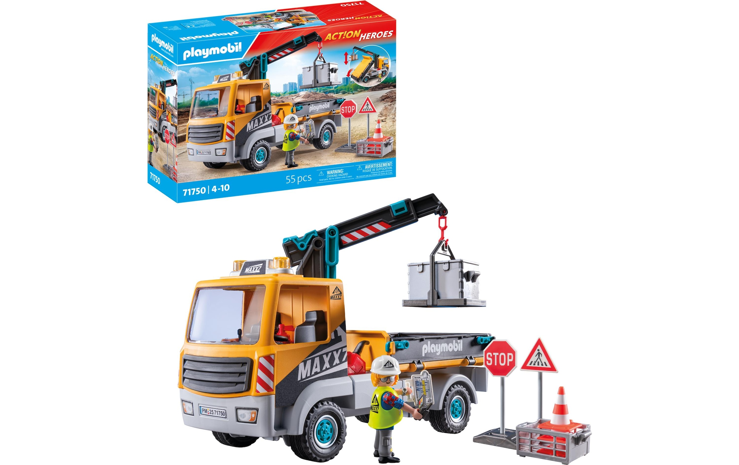 Playmobil® Spielbausteine »Action Heroes Baustellen-LKW mit Kran 71750«, (55 St.)