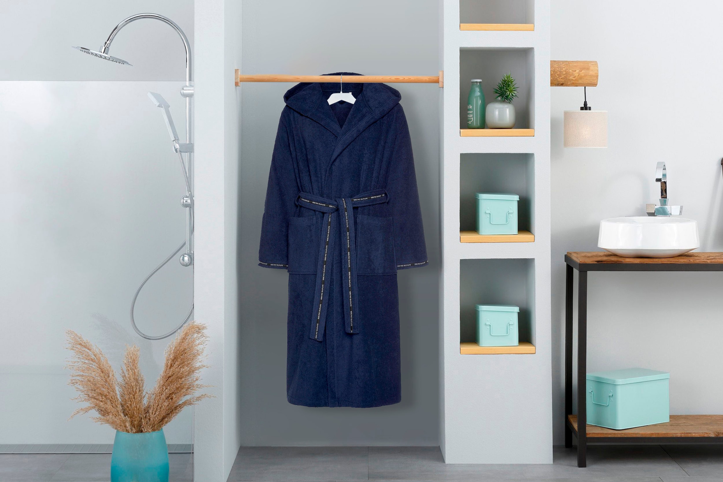 Bruno Banani Herrenbademantel »»Danny« Normallänge & Überlänge, auch in extra lang, Hotelbademantel«, (1 St.), mit Logostreifen, Herren Bademantel aus 100% Baumwolle, S-4XL
