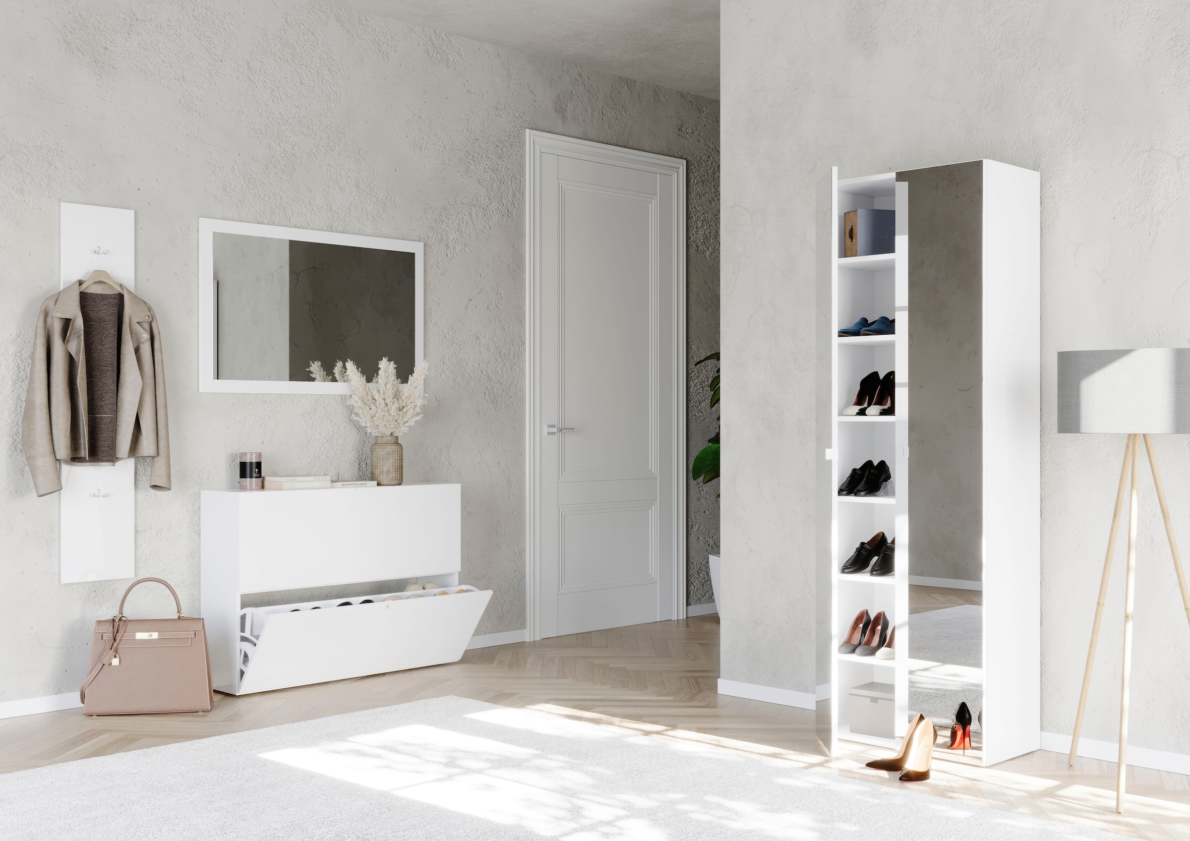 INOSIGN Schuhschrank »SMILE Höhe 184 cm, Weiss Hochglanz lackiert mit 2 Spiegeltüren,«, Schuhregal mit 7 Ebenen, Metallgriff, viel Stauraum, 4 Böden variabel