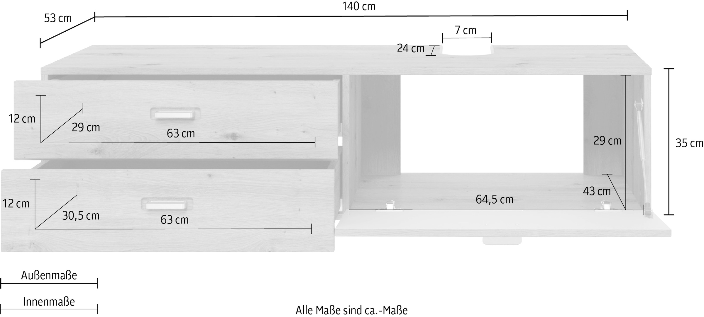 welltime Waschbeckenunterschrank »Guardo«, Hängender Waschtisch mit zwei Schubladen - Masse (B/T/H) 140/53/35 cm