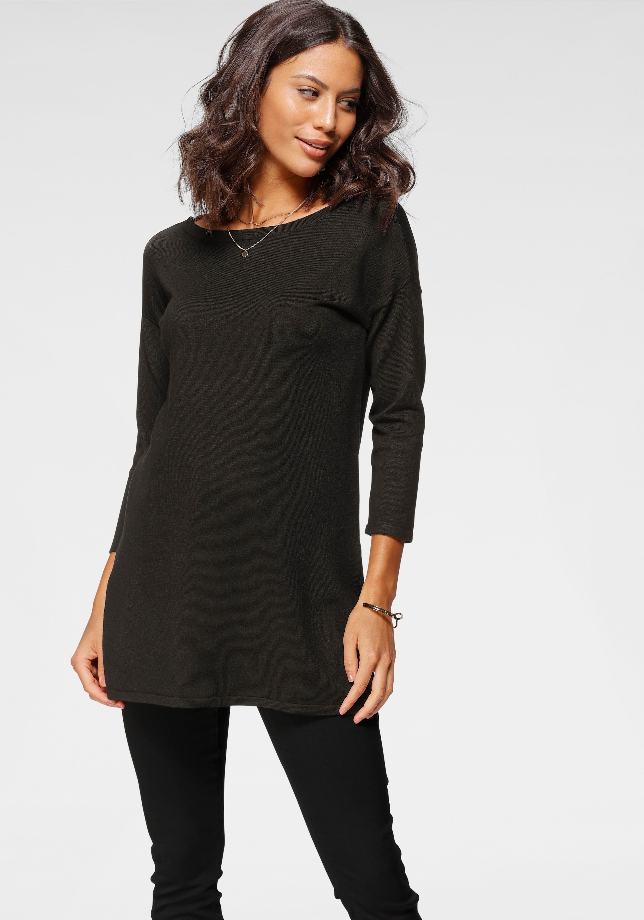 Laura Scott Longpullover Feinstrick mit U-Boot Ausschnitt und seitlichem Schlitz