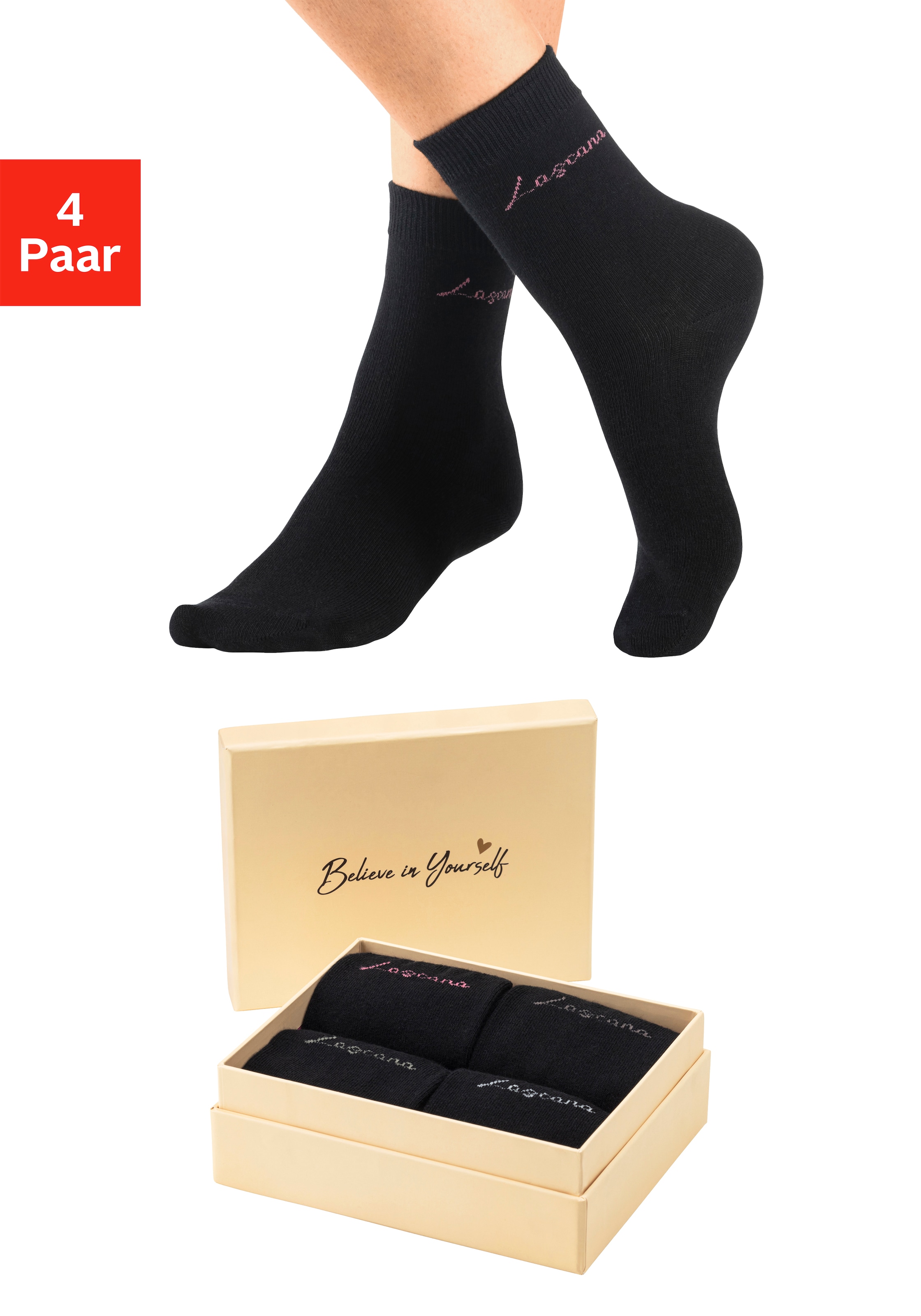 LASCANA Basicsocken, (Box, 4 Paar), in ansprechender Geschenkbox