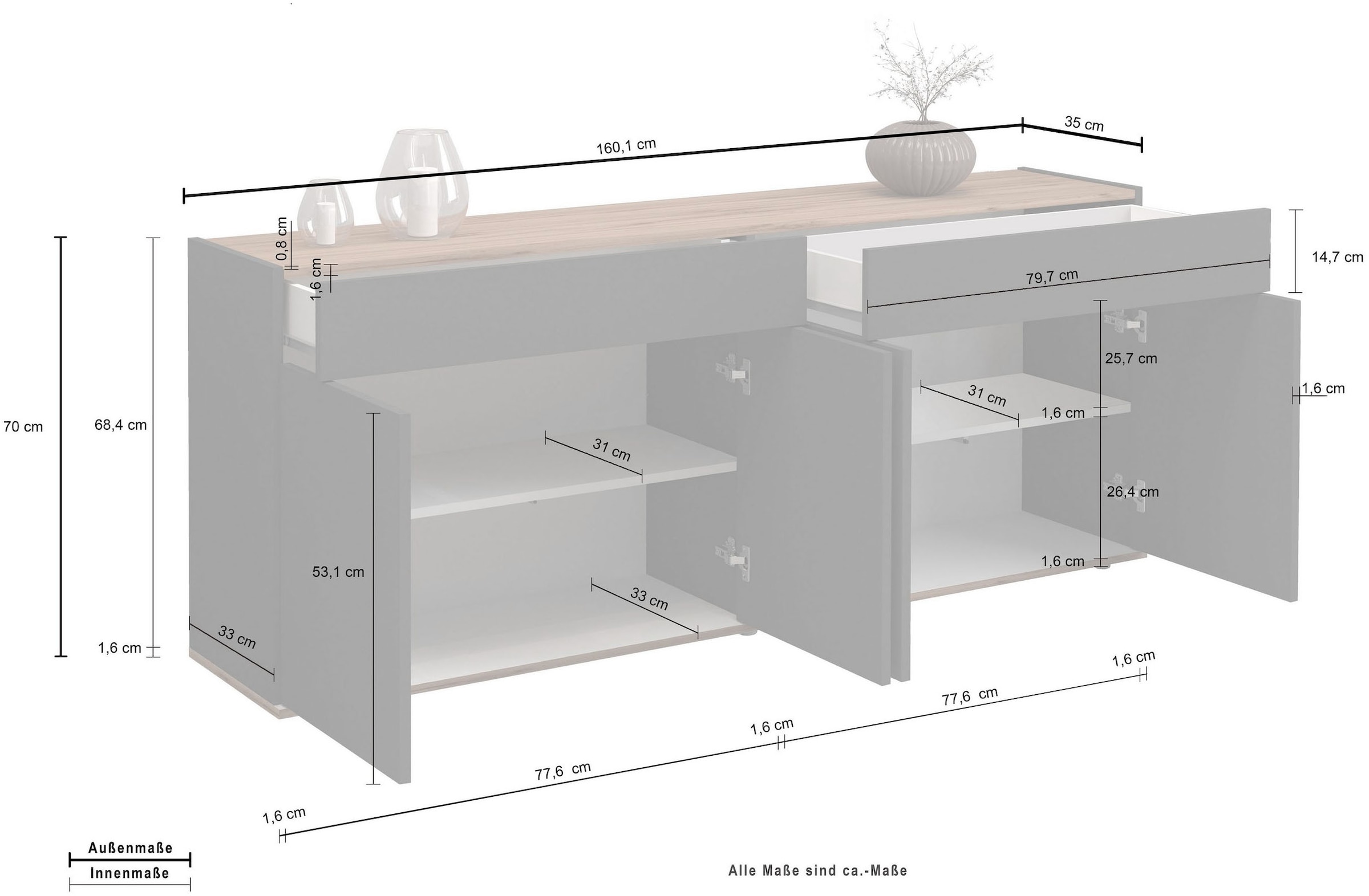 INOSIGN Sideboard »Garda, Kommode, Schrank, Kredenz«, 4 Türen, 2 Schubladen, grifflos Breite 160,1 cm
