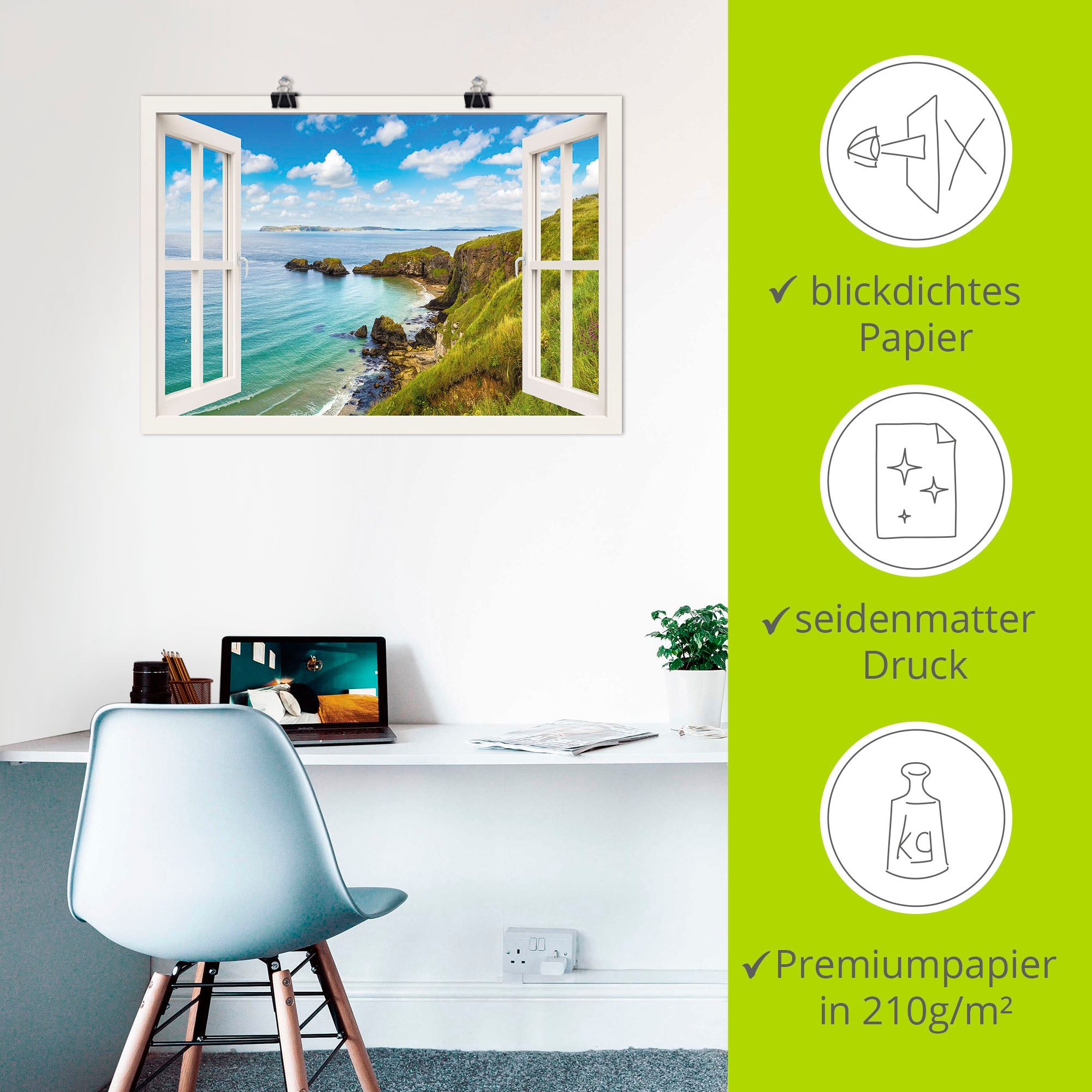 Artland Wandbild »Küstenweg in Nordirland durchs Fenster«, Meer Bilder, (1 St.), als Leinwandbild, Wandaufkleber oder Poster in versch. Grössen