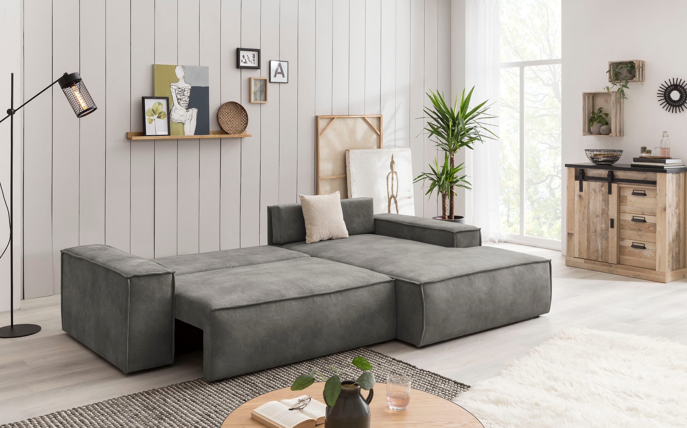 Home affaire Ecksofa SHERWOOD Schlafsofa 267 cm, L-Form, Schlaffunktion mit Bettkasten (210x136 cm), Cord, Vintage, Samtvelours