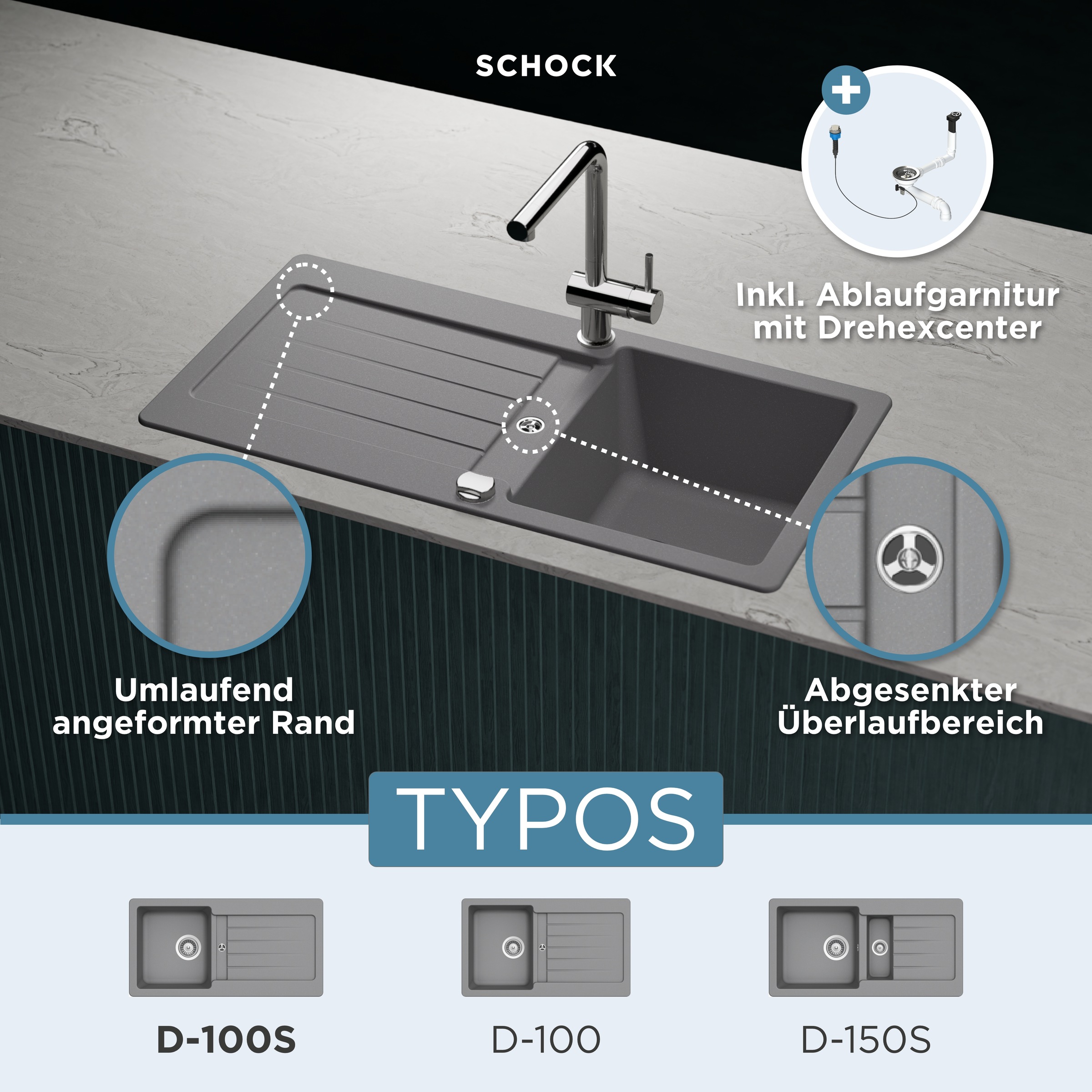 Schock Granitspüle "Typos D-100 S" mit Ablauf und Abtropffläche, links und rechts einbaubar