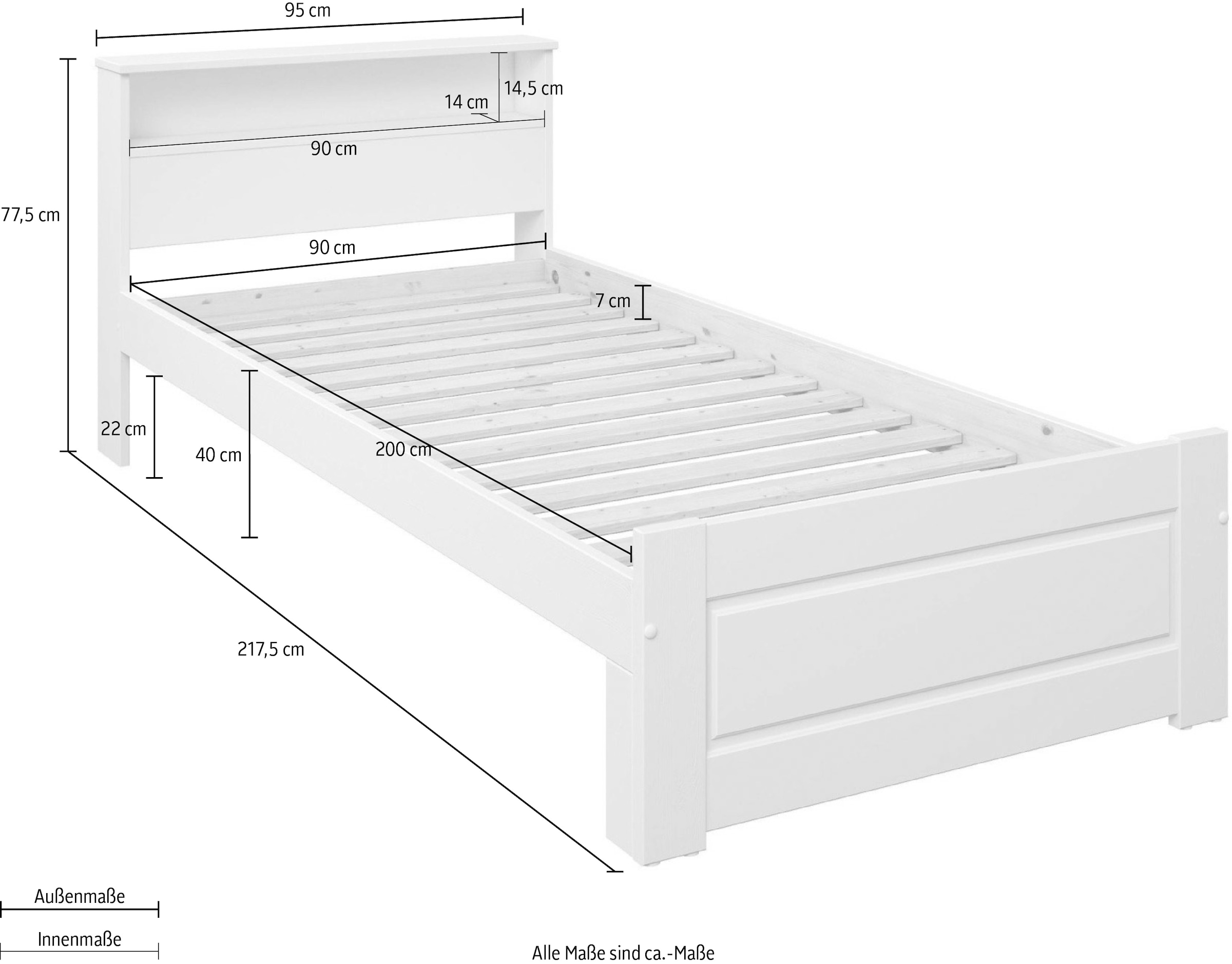 Home affaire Massivholzbett »FLAVION, TOPSELLER! Jugendbett, FSC® zertifizierte massive Kiefer«, (Schublade optional), Qualitätsprodukt, Regal im Kopfteil, Kassettenoptik, Stauraum