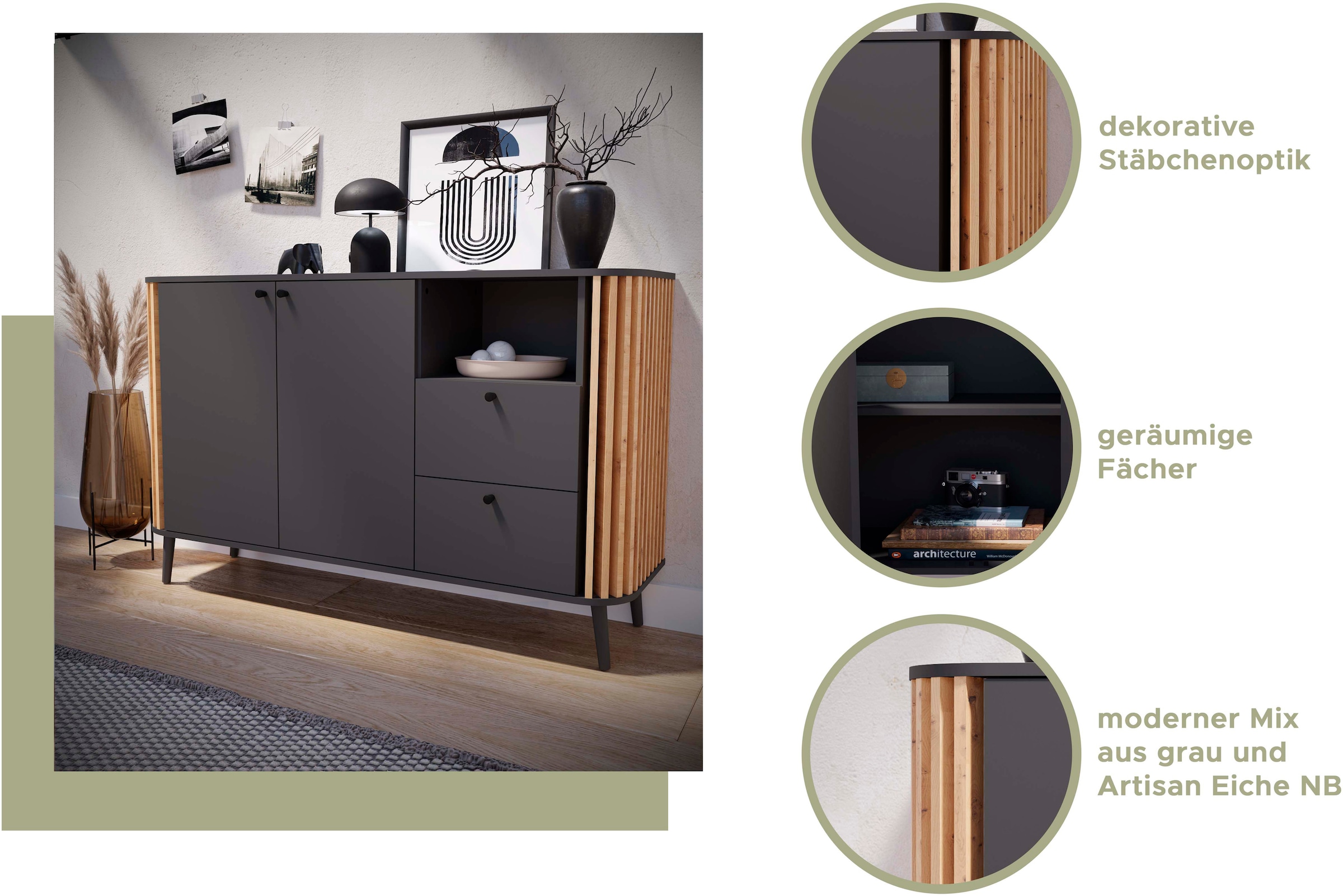 INOSIGN Sideboard »Stavanger, Breite 138cm, Paneel-Stäbchen-Optik, 2 Schubkästen, 2 Türen«, (1 St.), 1 offenes Fach, 1 Einlegeboden, Anrichte, Schrank, Kommode, Wohnmöbel