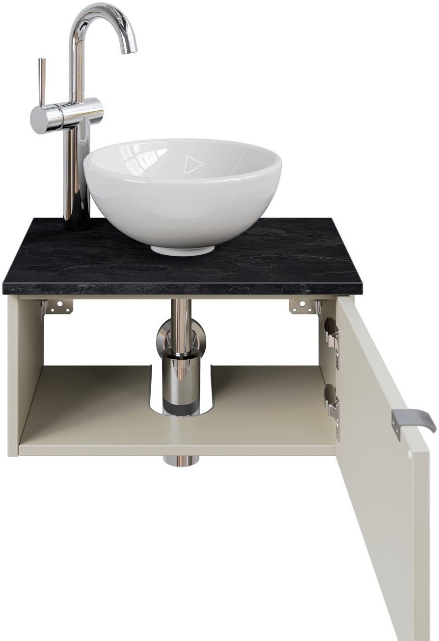 Saphir Waschtisch "Serie 6915 Waschschale mit Unterschrank für Gästebad, Gäste WC" Keramik-Aufsatzbecken, Waschtischplatte, Waschtischunterschrank, 3 Stk. tlg. 51 cm mit Keramik-Aufsatzbecken und 1 Tür