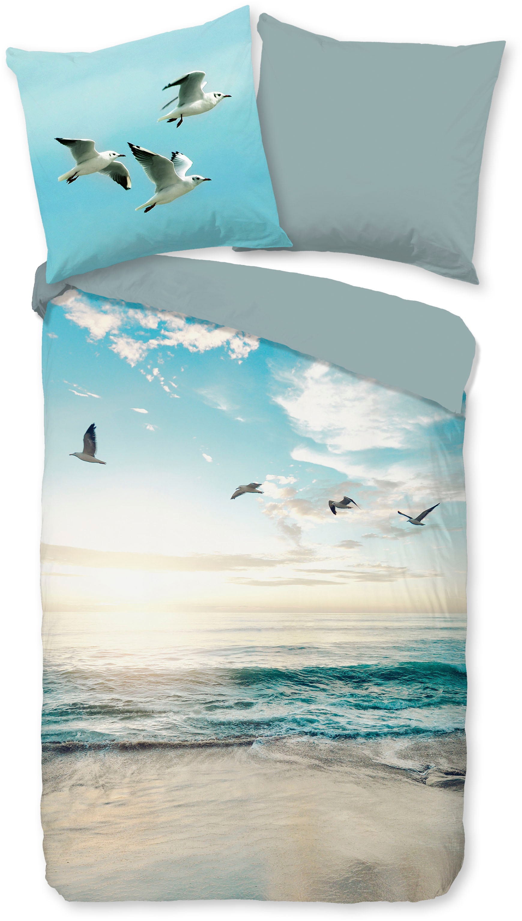 good morning Wendebettwäsche »Brisa«, 100% Baumwolle, Renforcé, Reissverschluss, Wendeoptik, Strand, Aqua