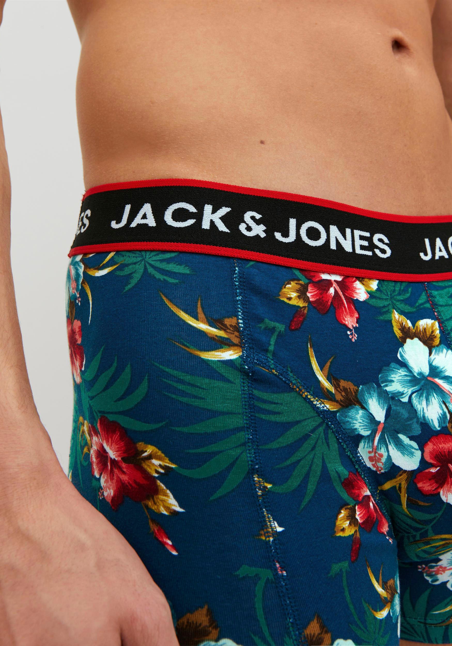 Jack & Jones Trunk »JACFLOWER mit Blumenprint und elastischem Bund«, (Packung, 3 St.), bedruckt, modisch, eng anliegend, Baumwollmischung, Bündchen