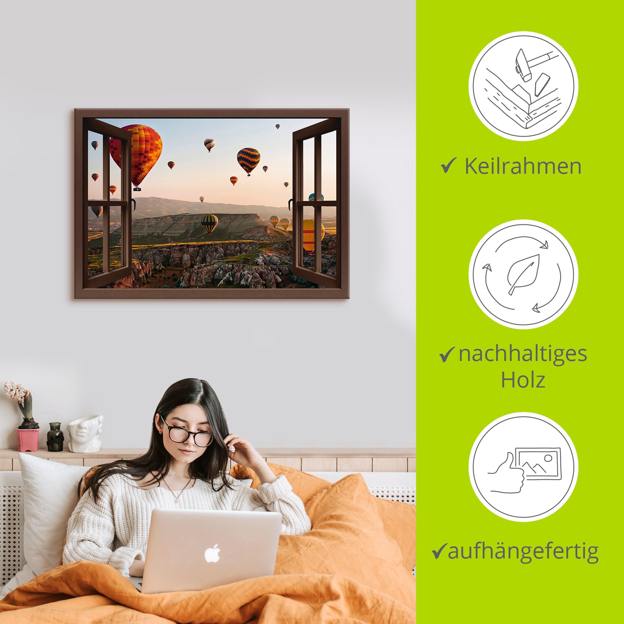 Artland Wandbild »Fensterblick Kappadokien Ballonfahrt«, Ballonfahren, (1 St.), als Leinwandbild, Poster, Wandaufkleber in verschied. Grössen