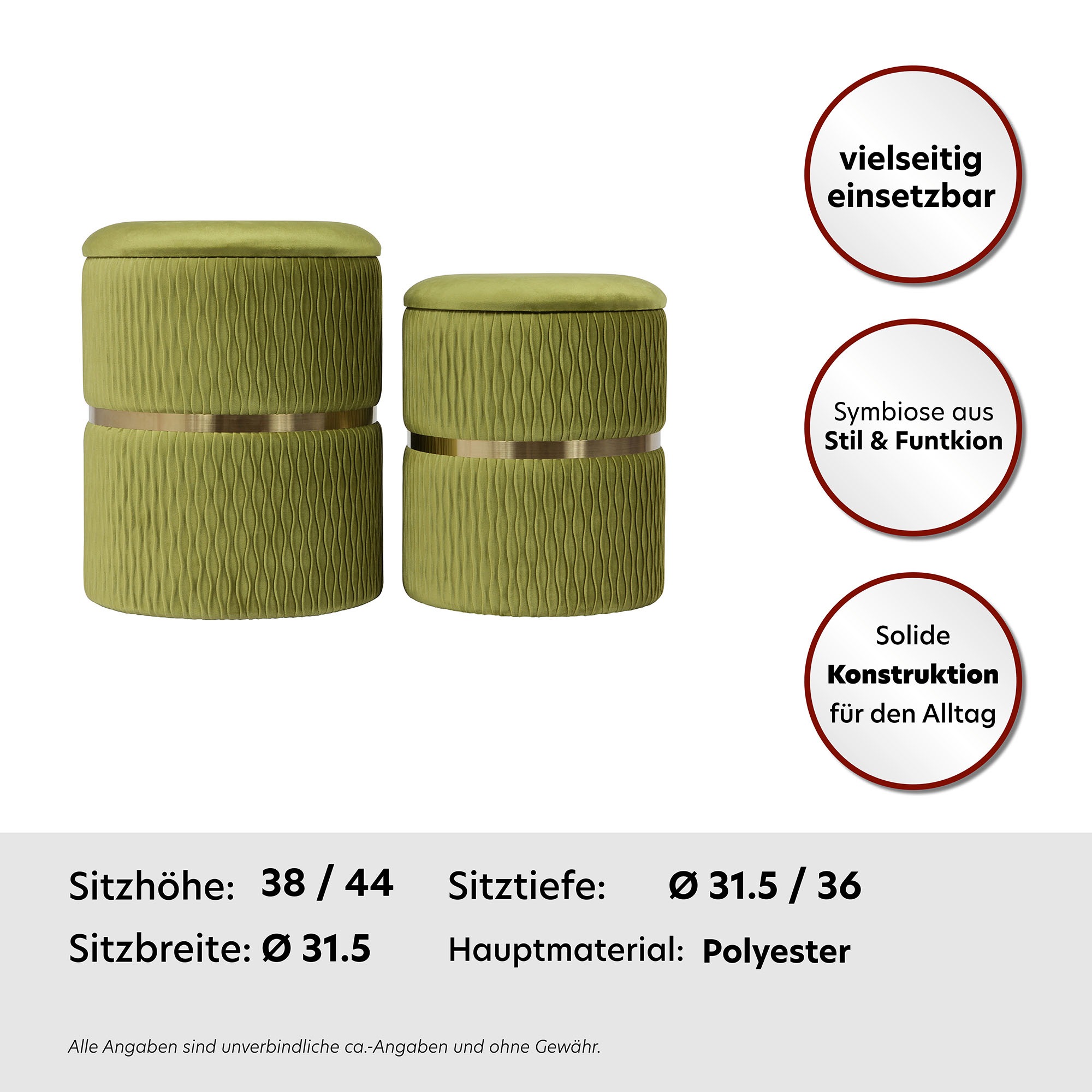 Kayoom Polsterhocker »Hocker Zora 425 2er-Set, Praktischer und versteckter Stauraum«, (Set, 2 St.), 2er-Set mit Stauraum, ineinander stapelbar, goldfarbenener Ring