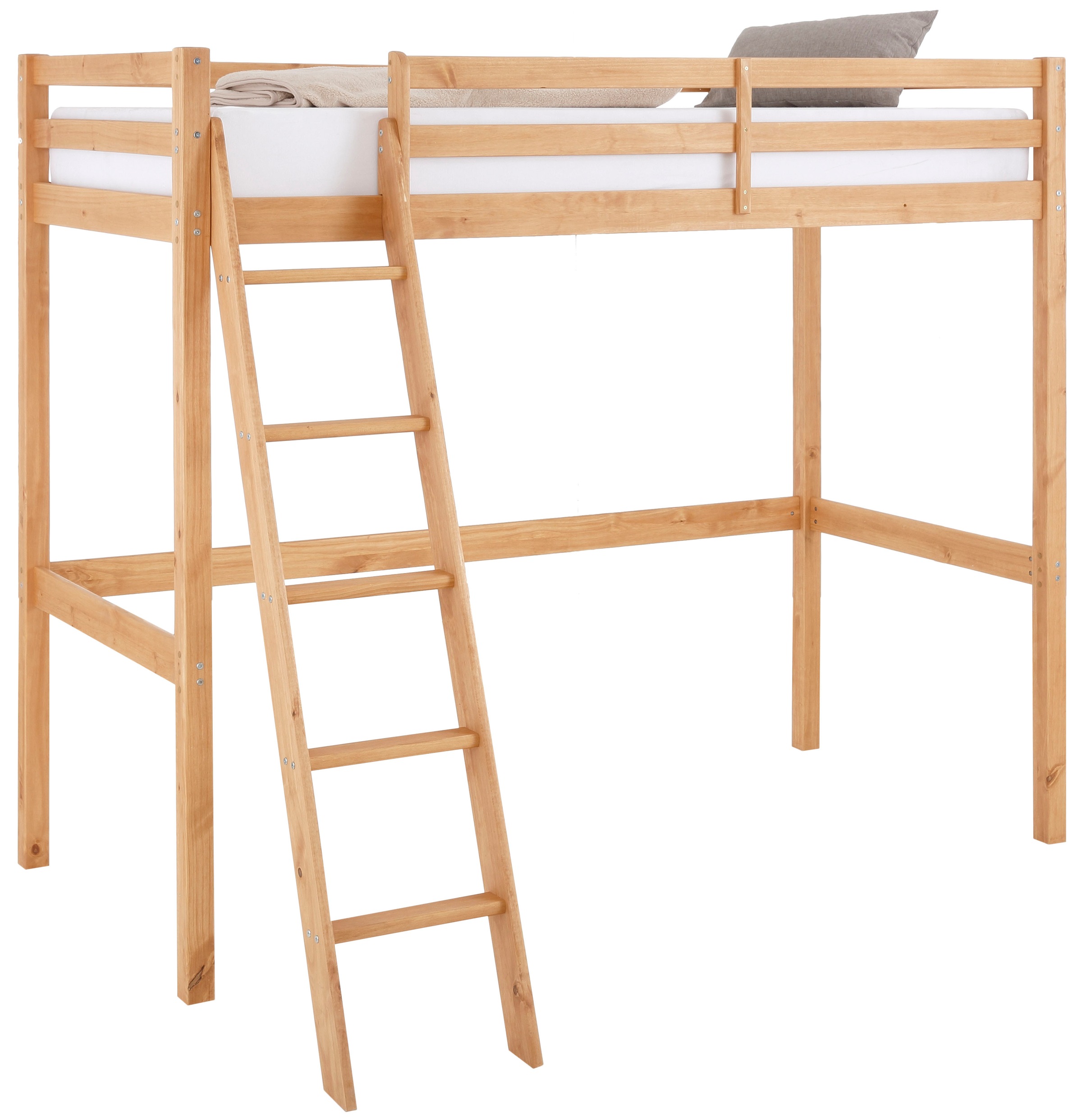 GOODproduct Kinderbett "Alpi, Leiter links oder rechts montierbar, Hochbett" Kiefernholz, Inklusive Leiter und Lattenrost, Liegefläche 90x200 cm