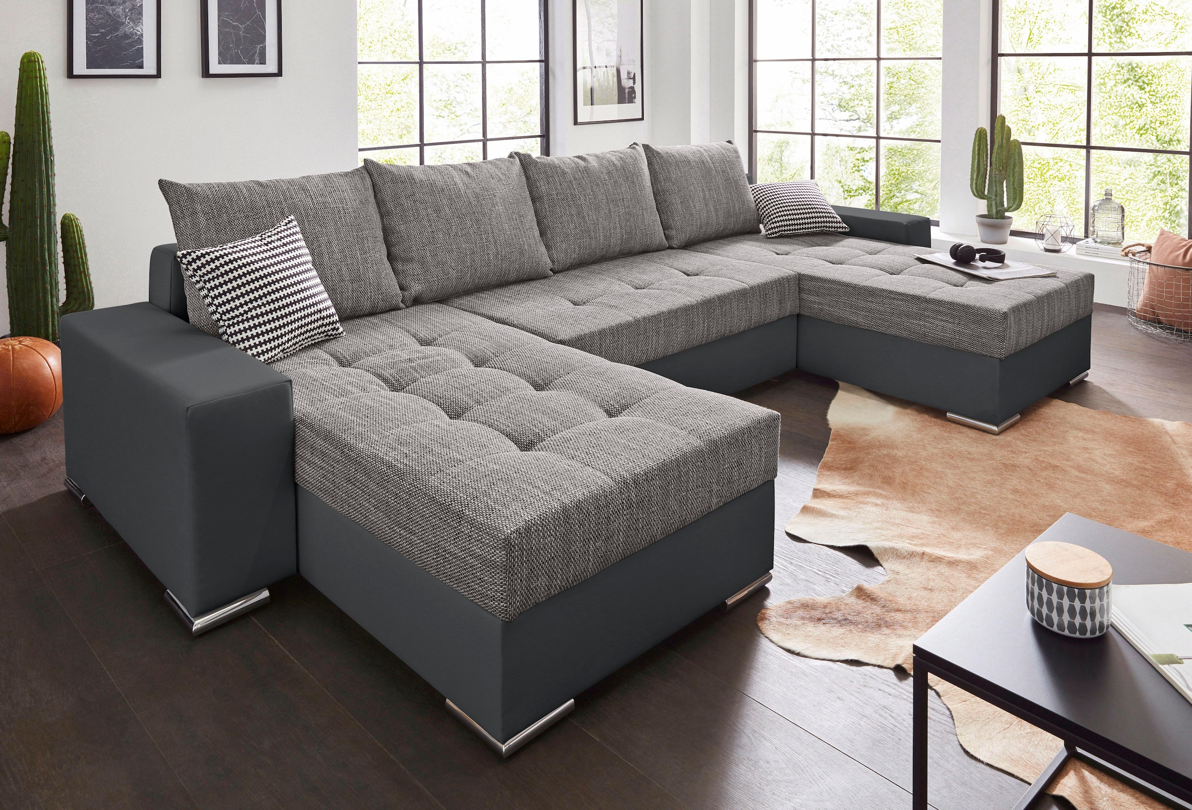 COLLECTION AB Wohnlandschaft »XL-Josy U-Form, Breite 313 cm, Kunstleder-Mix, Microfaser«, inkl. Bettfunktion, Bettkasten, mit 4 gleich grossen Rückenkissen
