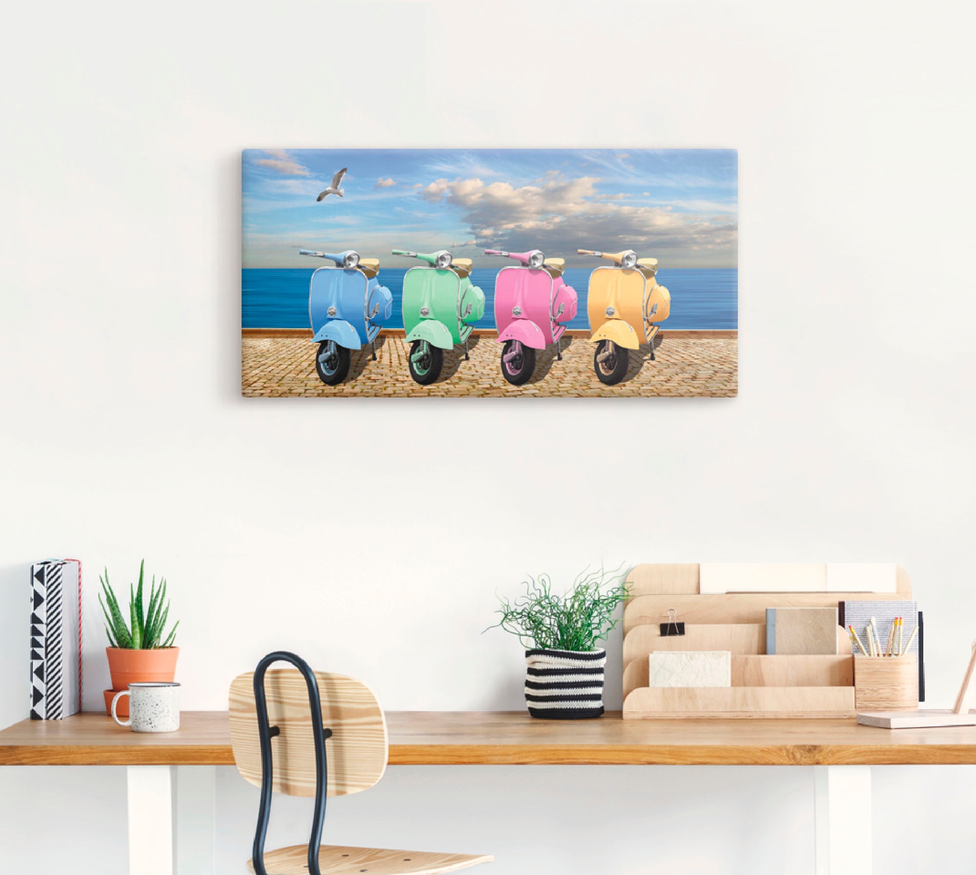 Artland Leinwandbild "Vespa-Roller in bunten Farben" Motorräder & Roller 1 Stk. tlg. auf Holzrahmen gespannt