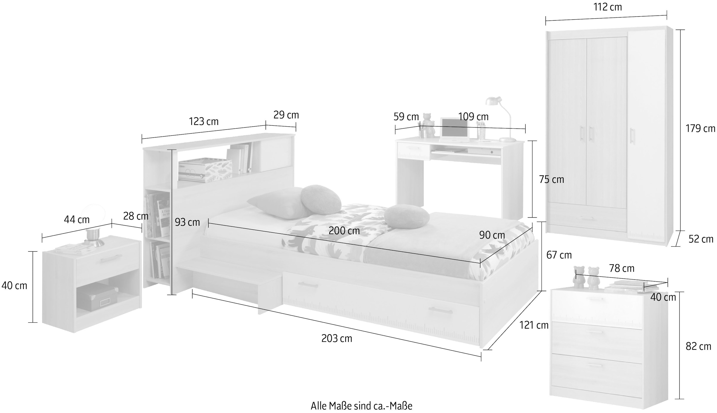 Parisot Jugendzimmer-Set »Charly«, (6 tlg., Bett, Anstellregal, Nachttisch, Kleiderschrank, Schreibtisch etc.)