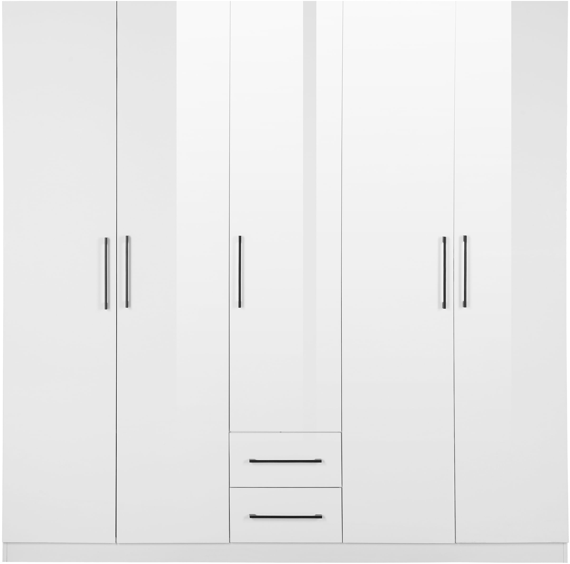 INOSIGN Kleiderschrank »Sylt Schlafzimmerschrank Garderobe Schrank TOPSELLER in hochglanz weiss«, (5 Türen, 2 Schubladen, schwarze moderne Griffe, 7 Einlegeböden), Drehtürenschrank mit perfekter Innenausstattung, Breite 200cm