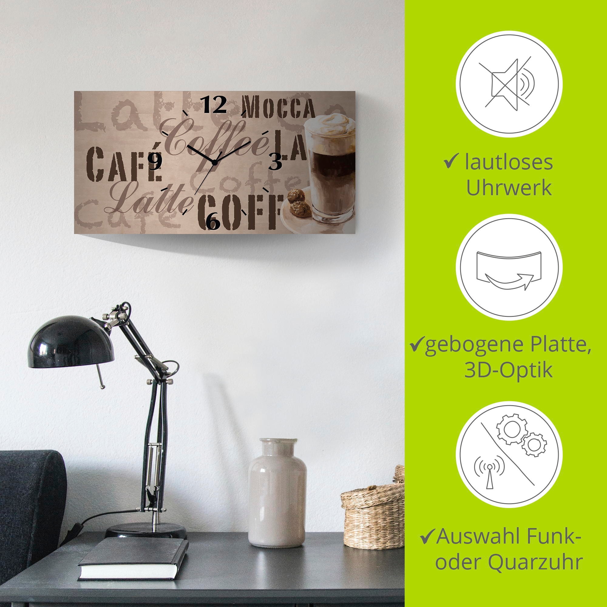 Artland Wanduhr »Kaffee - Latte Macchiato«, 3D Optik gebogen, mit Quarz- oder Funkuhrwerk, versch. Grössen