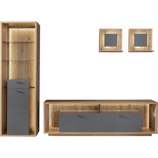 ♕ MCA furniture Wohnwand »Lizzano«, (Set, 4 St.), im modernen Landhausstil  mit 3-D Rückwand, wahlweise mit Beleuchtung online kaufen bei  Jelmoli-Versand Schweiz