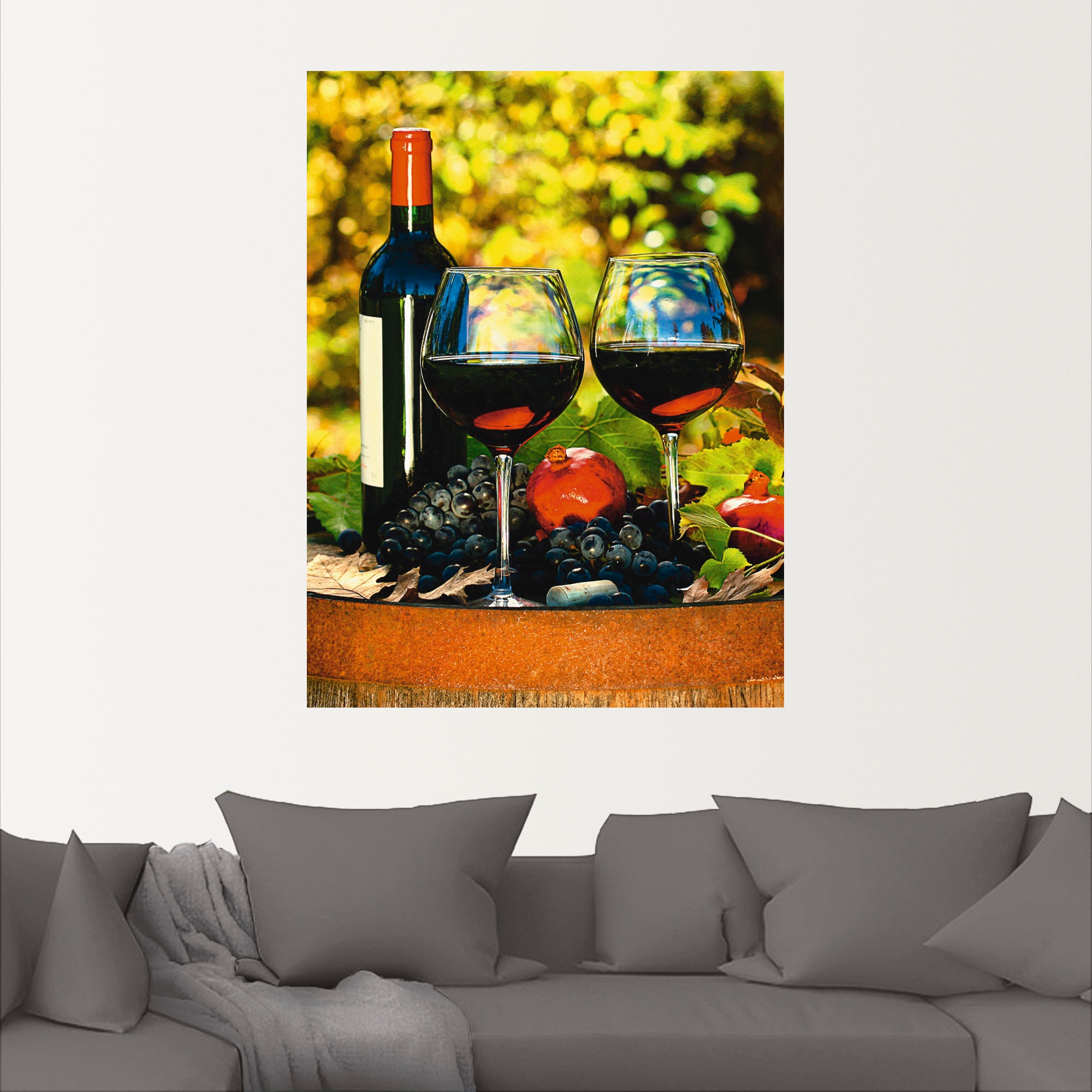 Artland Wandbild »Gläser Rotwein auf altem Fass«, Getränke, (1 St.), als Poster, Wandaufkleber in verschied. Grössen