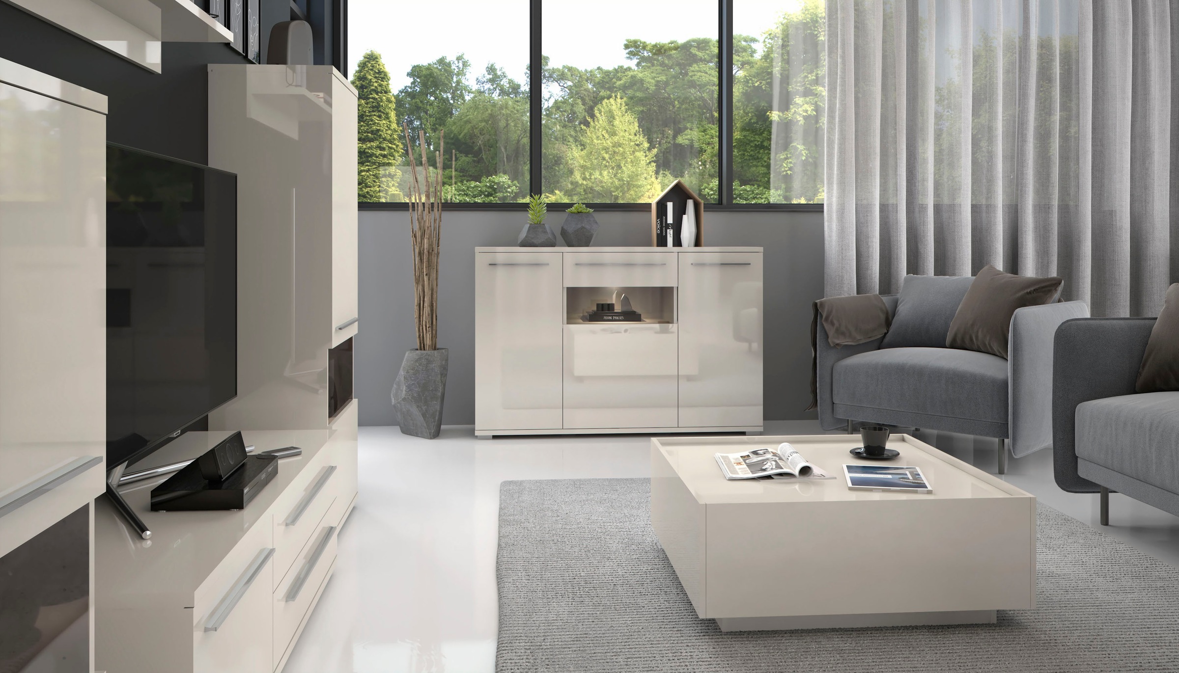 Places of Style Kommode »Piano«, (H/B/T): 84,6/150/45,2cm), Hochglanz UV lackiert, Soft-Close Funktion