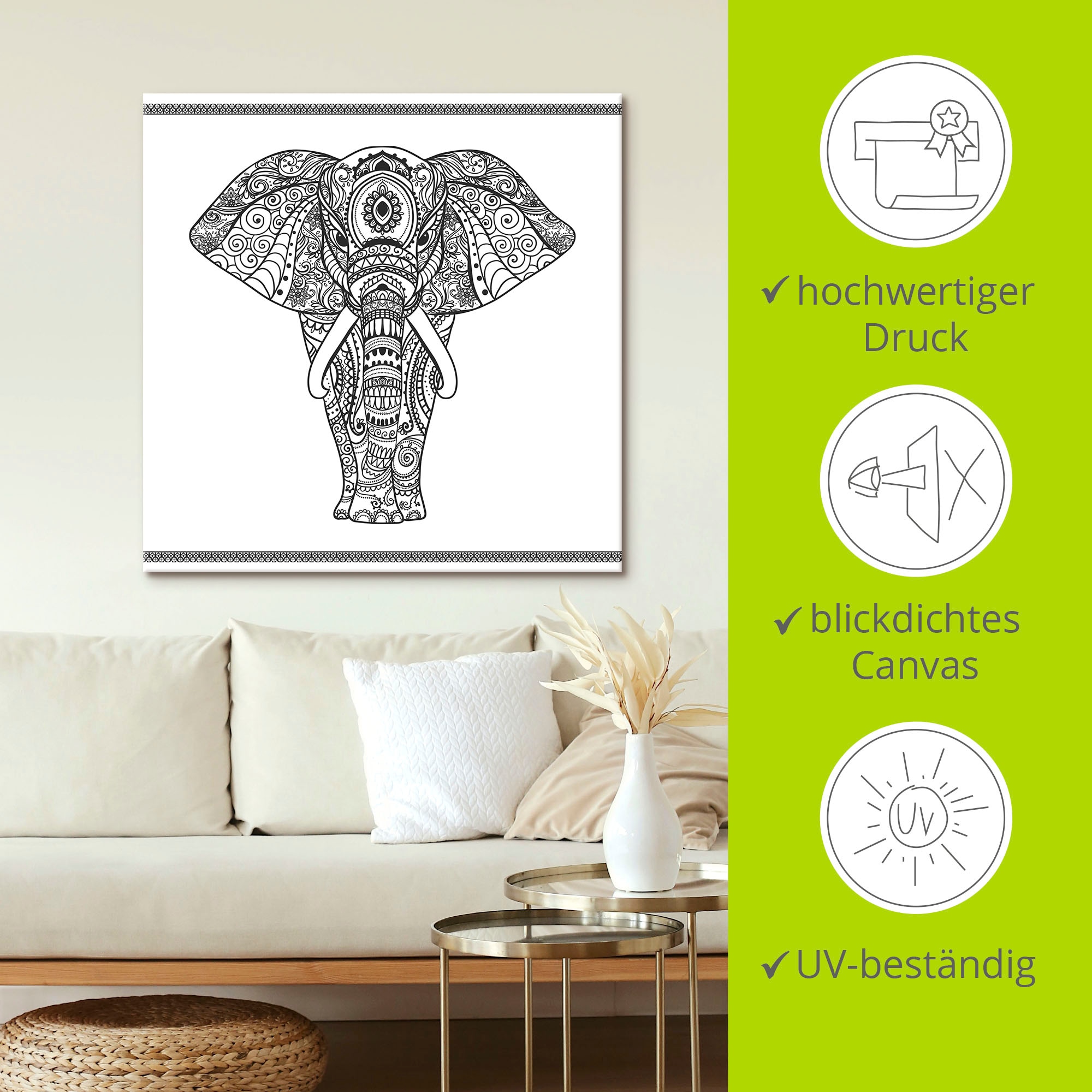 Artland Wandbild »Elefant in Mandala«, Wildtiere, (1 St.), als Leinwandbild, Poster, Wandaufkleber in verschied. Grössen