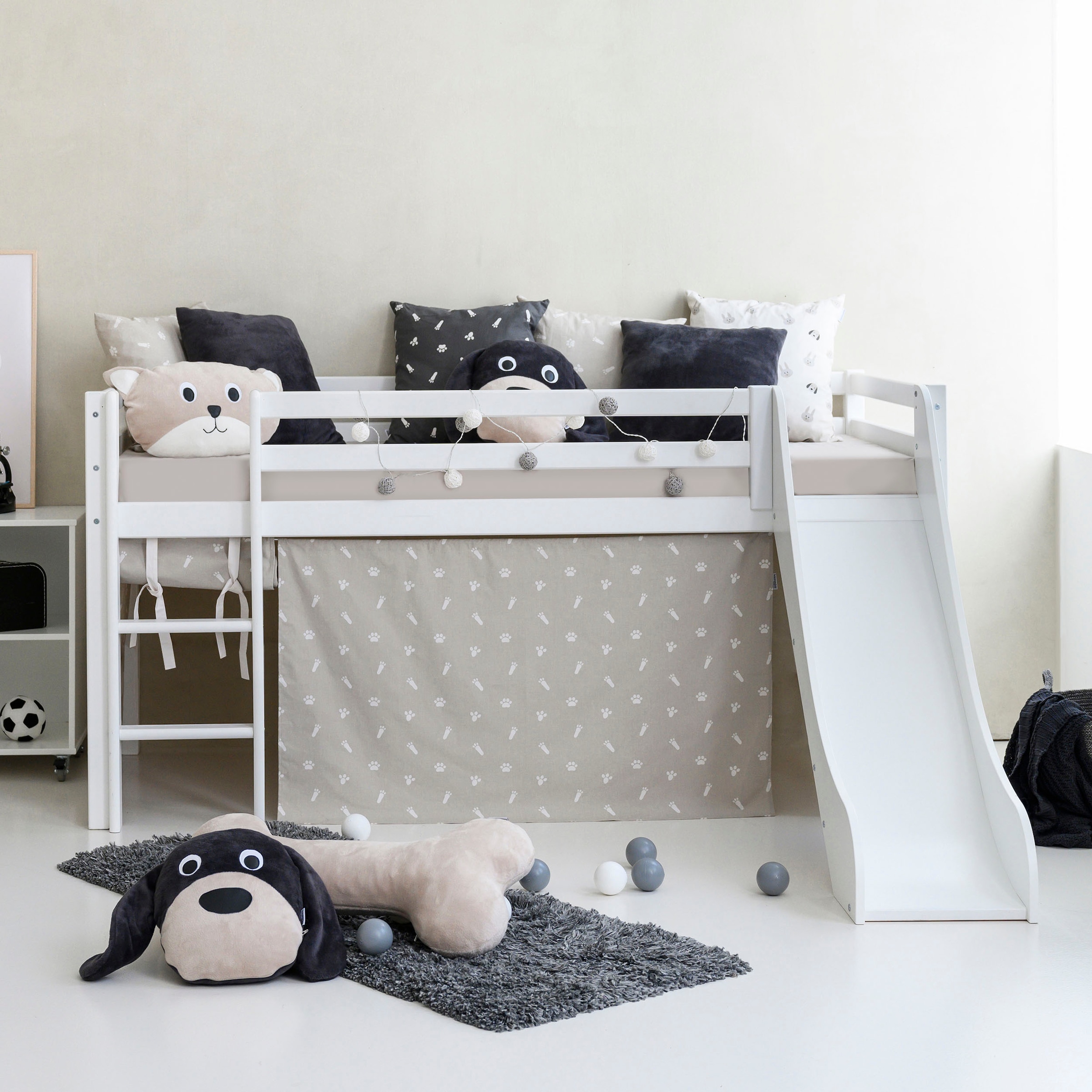 Hoppekids Hochbett »«Pets Silbergrau»« Rutsche & Vorhang Grau und viel Auswahl