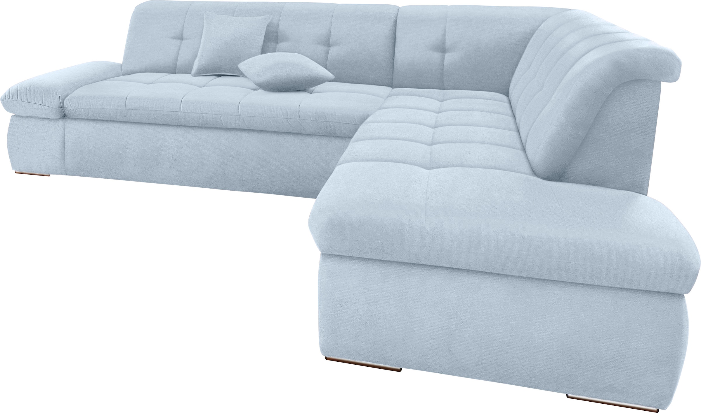 DOMO collection Ecksofa »NMoric incl. Zierkissen B/T/H: 273/216/80 cm L-Form«, Ottomanen-Abschluss, wahlweise mit Bettfunktion und Armlehnverstellung