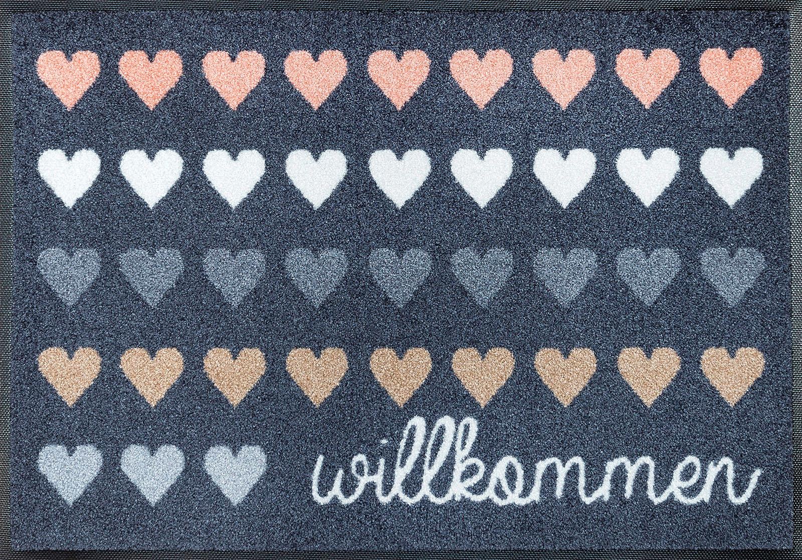wash+dry by Kleen-Tex Fussmatte »Willkommen Herzen«, rechteckig, 7 mm Höhe, Schmutzfangmatte, Motiv Herzen, mit Spruch, rutschhemmend, waschbar
