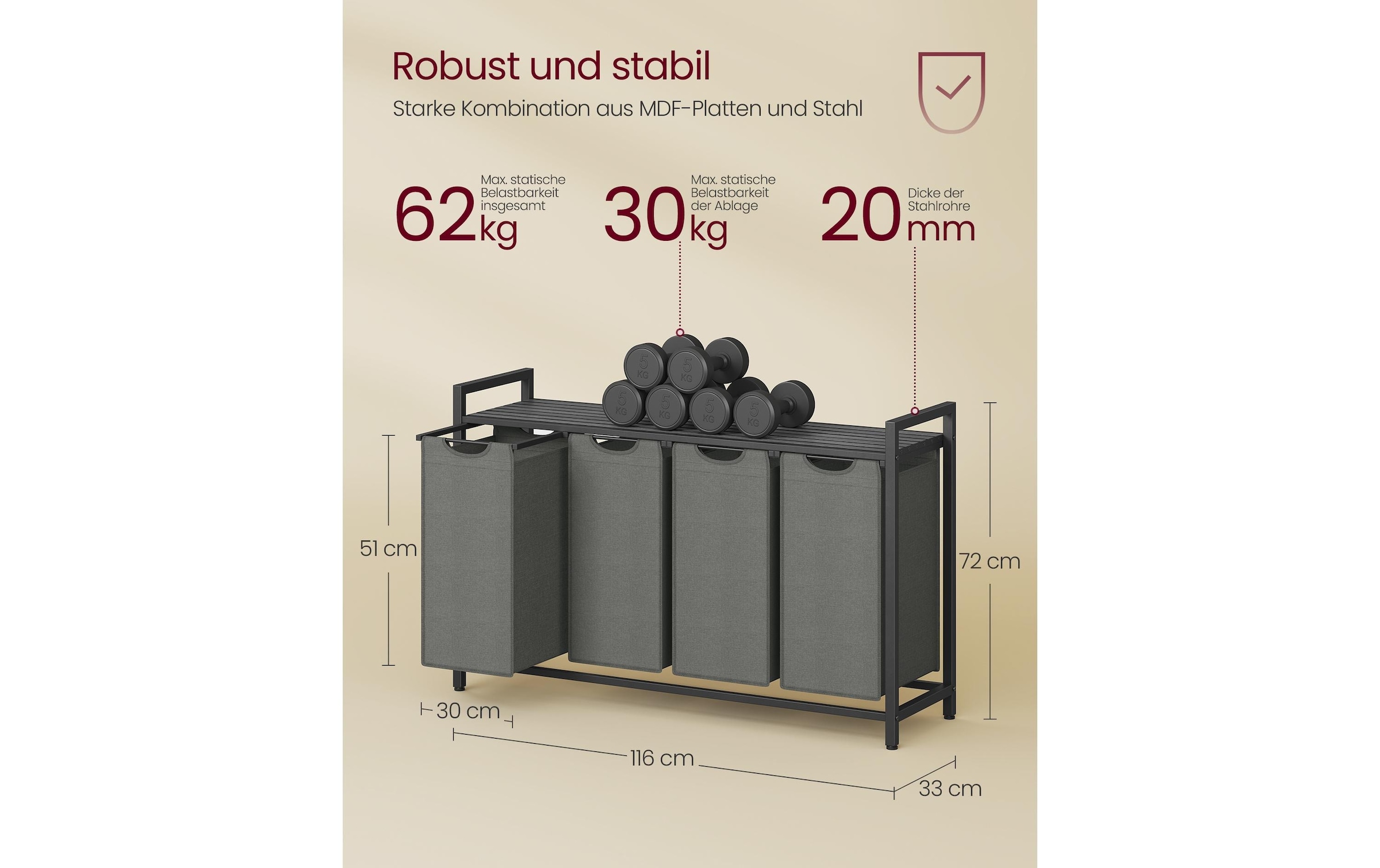 VASAGLE Wäschekorb »4 x 40 l, Grau/Schwarz«