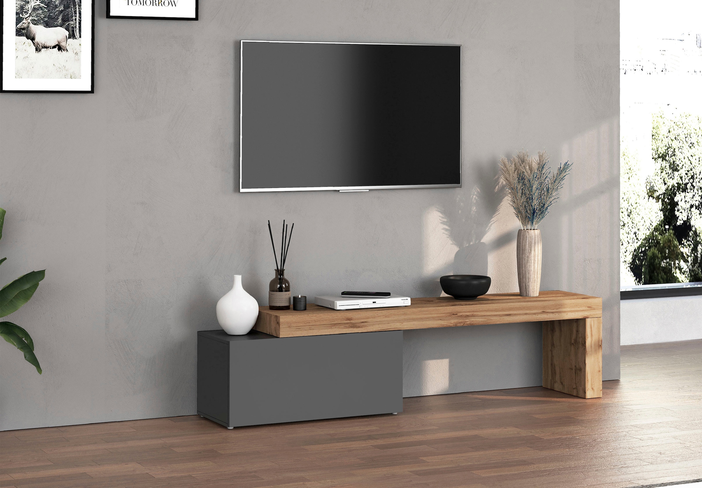 INOSIGN Lowboard »Chronos TV-Board, TV-Schrank«, (1 St., Breite verstellbar von 180 bis 260 cm), Breite 220 cm TV-Board,Lowboard,1 Klappe und ein L-Förmiger Aufsatz