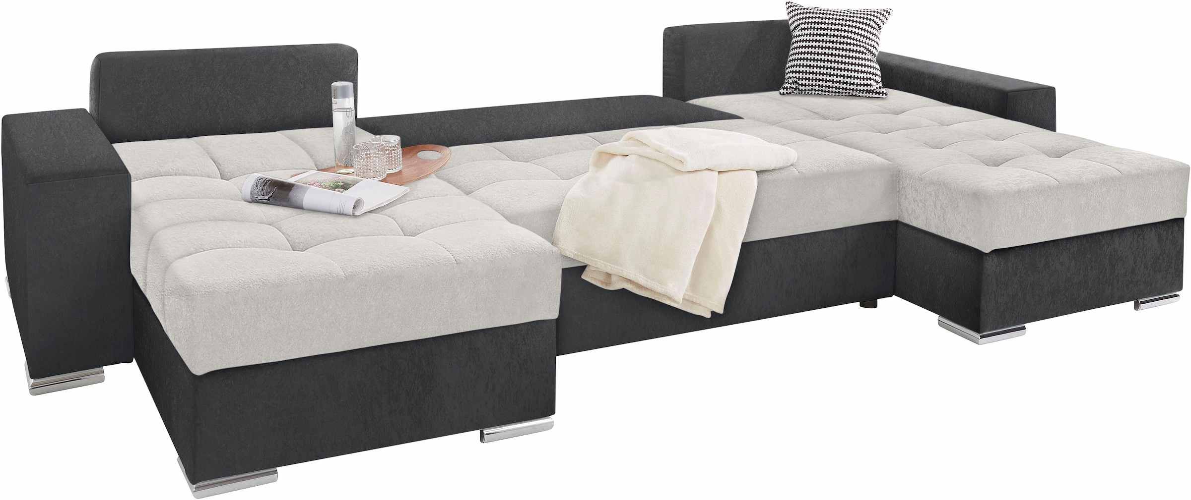 COLLECTION AB Wohnlandschaft »XL-Josy U-Form, Breite 313 cm, Kunstleder-Mix, Microfaser«, inkl. Bettfunktion, Bettkasten, mit 4 gleich grossen Rückenkissen