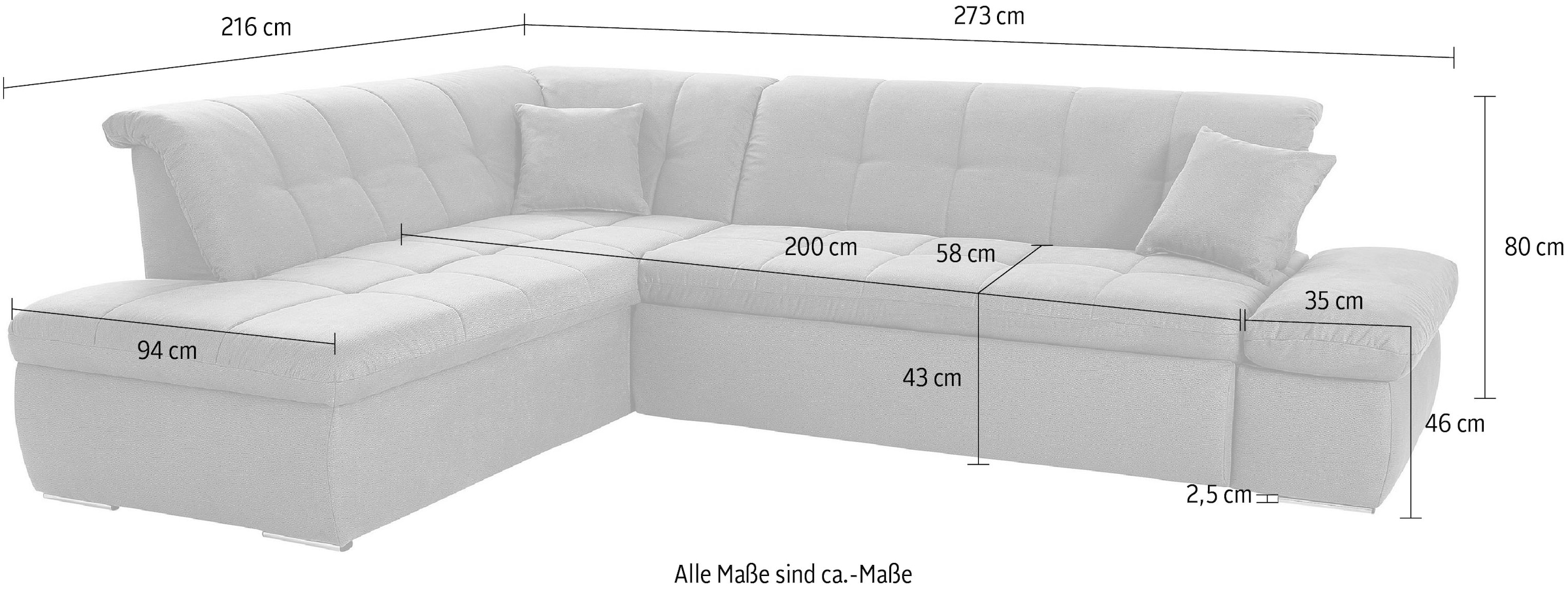 DOMO collection Ecksofa »NMoric incl. Zierkissen B/T/H: 273/216/80 cm L-Form«, Ottomanen-Abschluss, wahlweise mit Bettfunktion und Armlehnverstellung